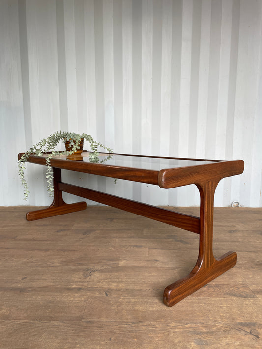 G-Plan Mid-Century Modern Teak Coffee Table with Smoked Glass & Tiled Inlay – 121cm