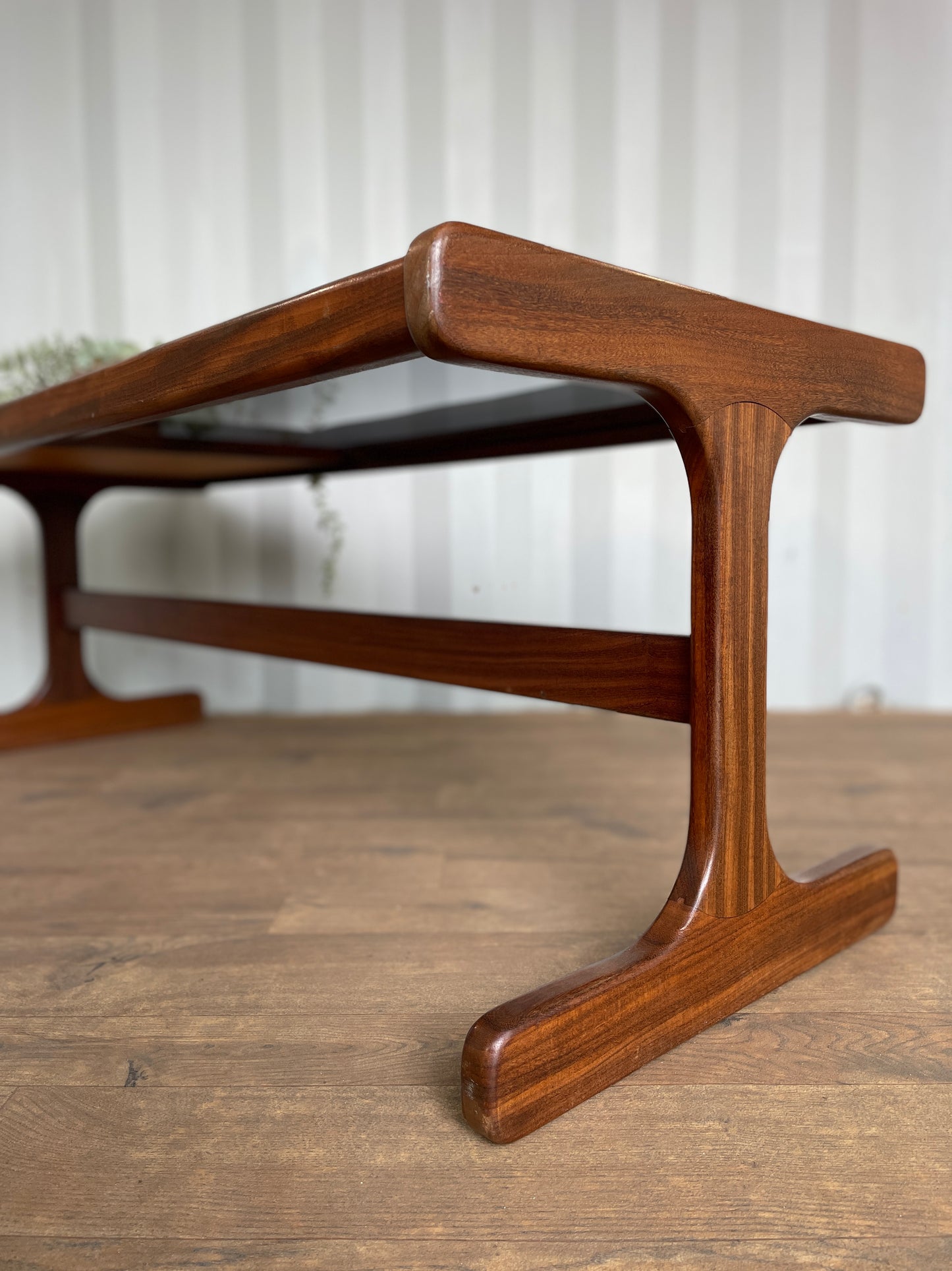 G-Plan Mid-Century Modern Teak Coffee Table with Smoked Glass & Tiled Inlay – 121cm