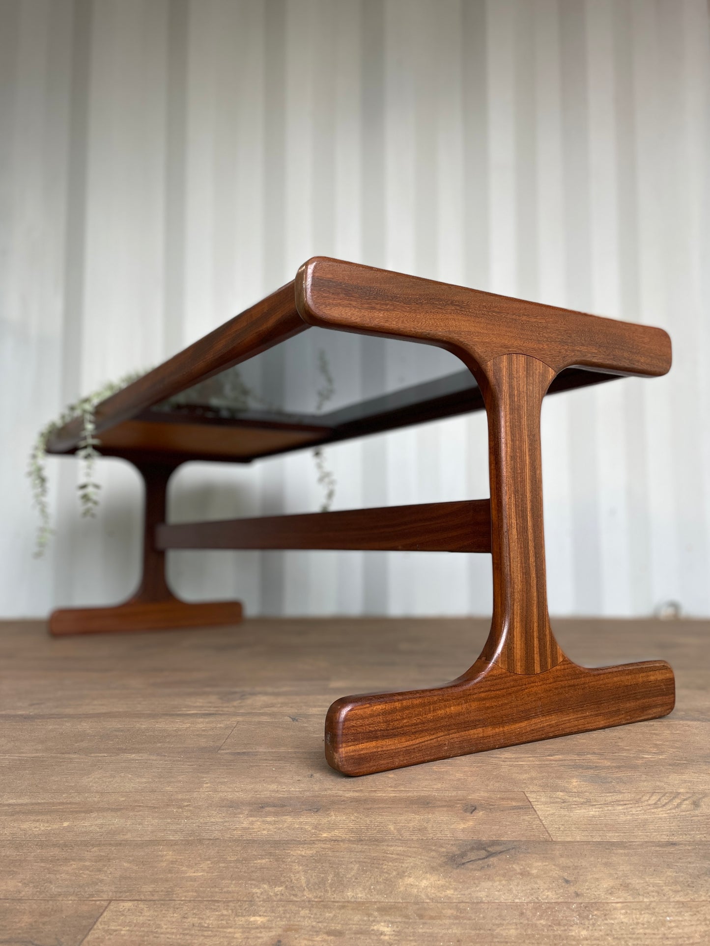 G-Plan Mid-Century Modern Teak Coffee Table with Smoked Glass & Tiled Inlay – 121cm