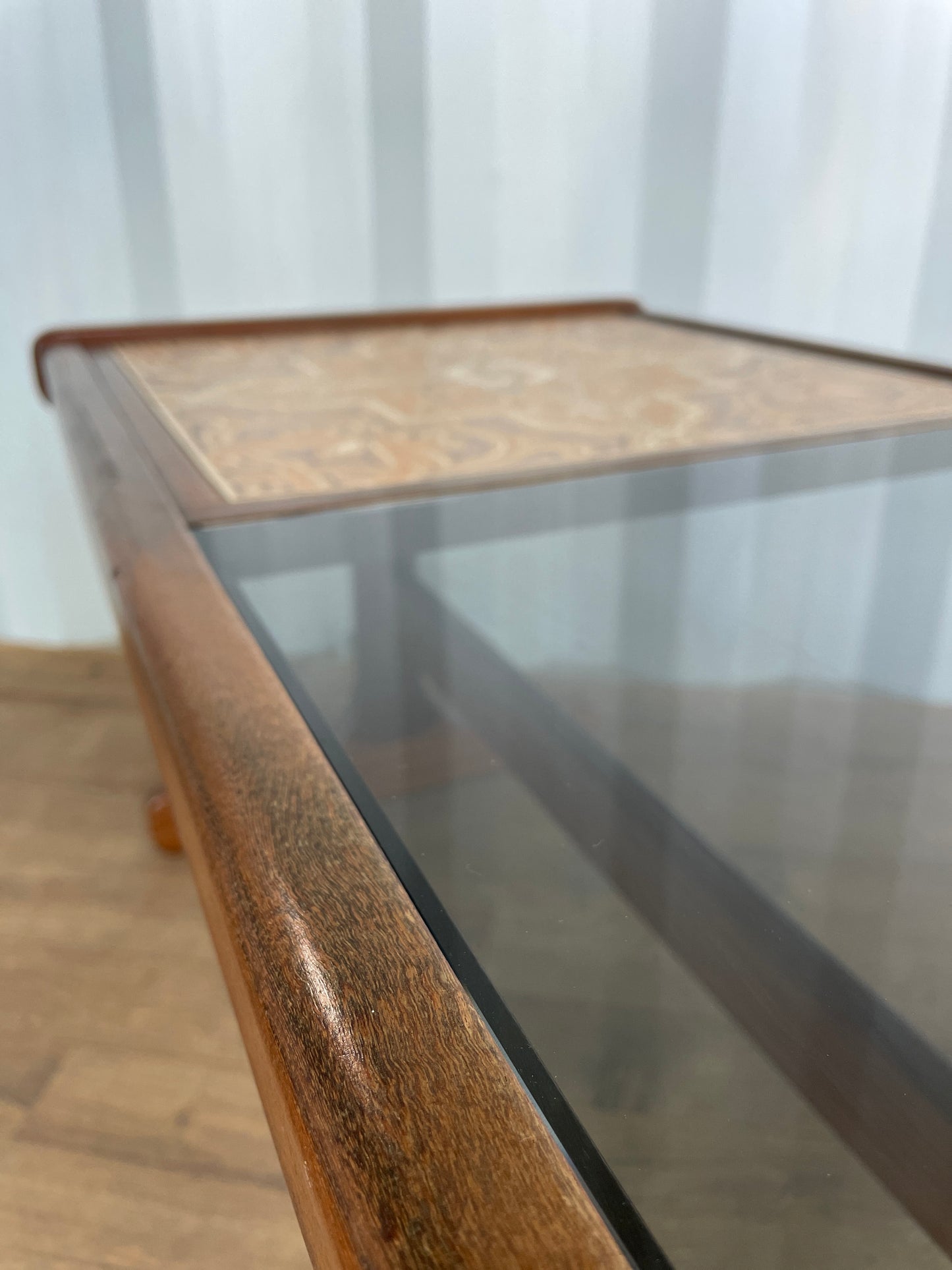 G-Plan Mid-Century Modern Teak Coffee Table with Smoked Glass & Tiled Inlay – 121cm