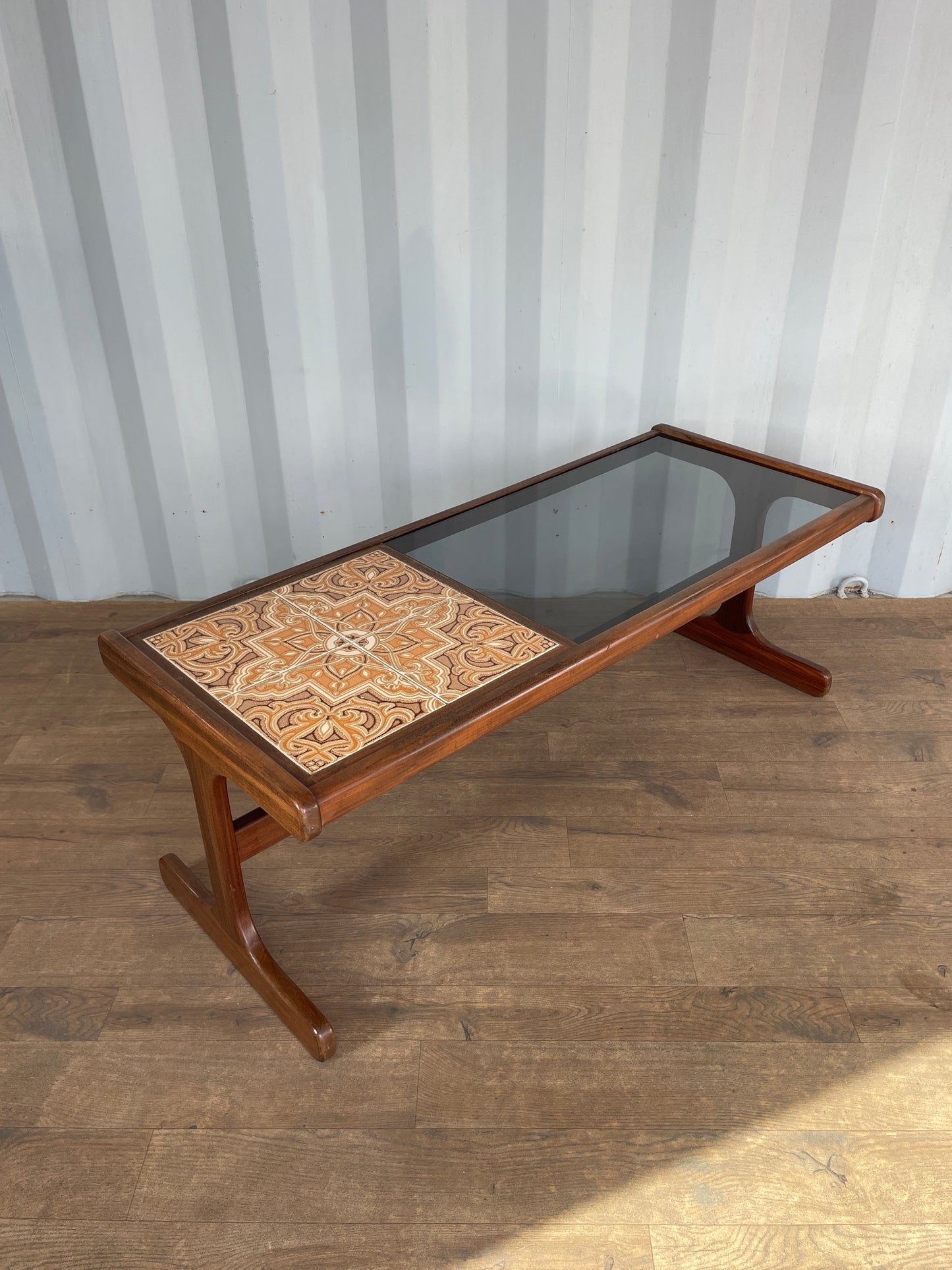 G-Plan Mid-Century Modern Teak Coffee Table with Smoked Glass & Tiled Inlay – 121cm