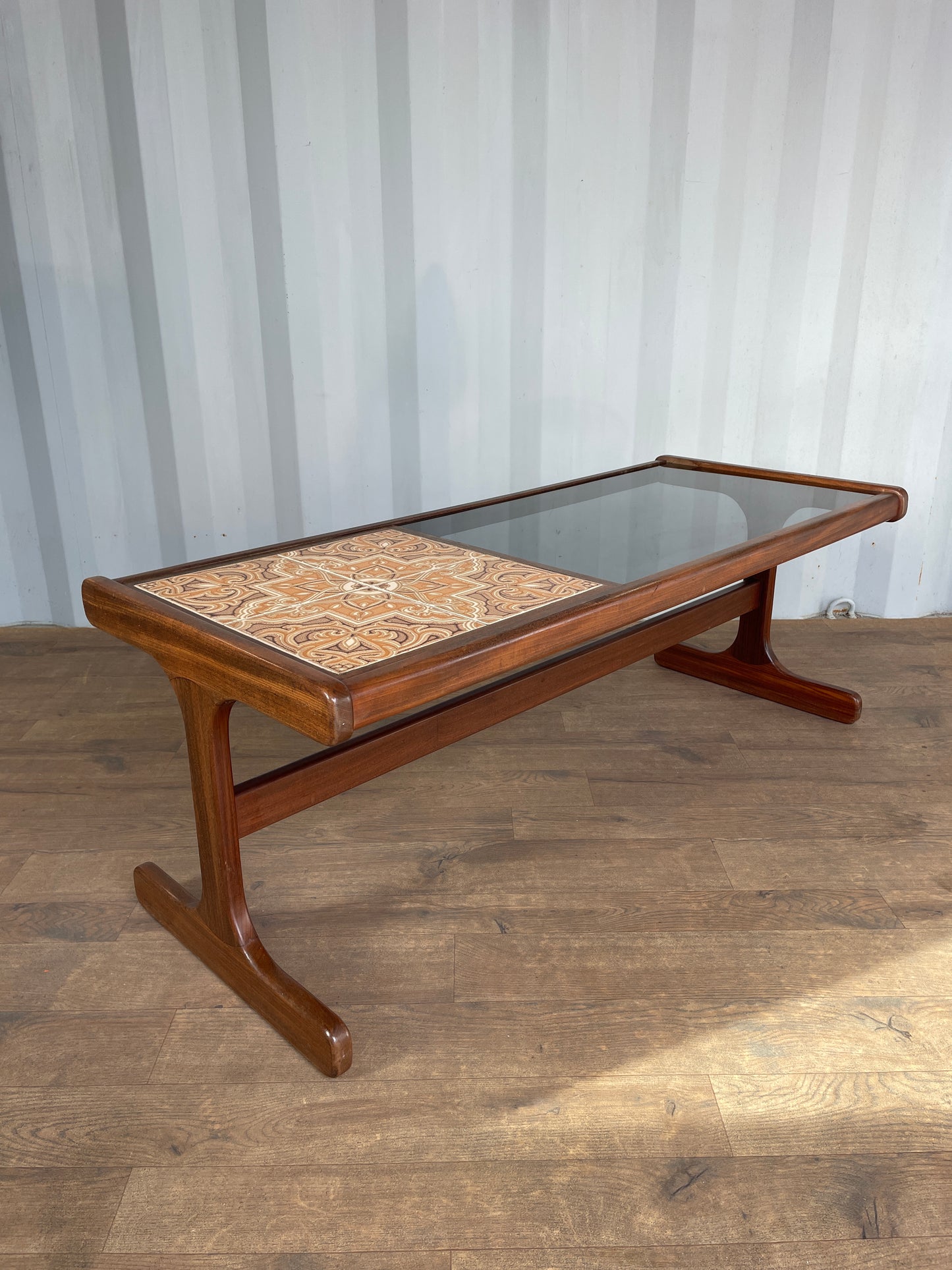 G-Plan Mid-Century Modern Teak Coffee Table with Smoked Glass & Tiled Inlay – 121cm