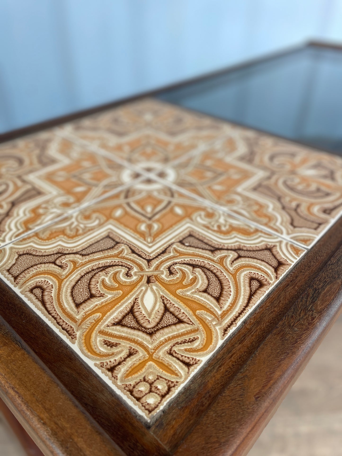 G-Plan Mid-Century Modern Teak Coffee Table with Smoked Glass & Tiled Inlay – 121cm