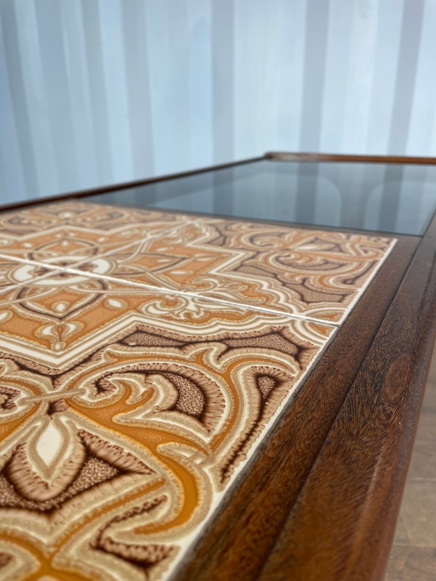 G-Plan Mid-Century Modern Teak Coffee Table with Smoked Glass & Tiled Inlay – 121cm