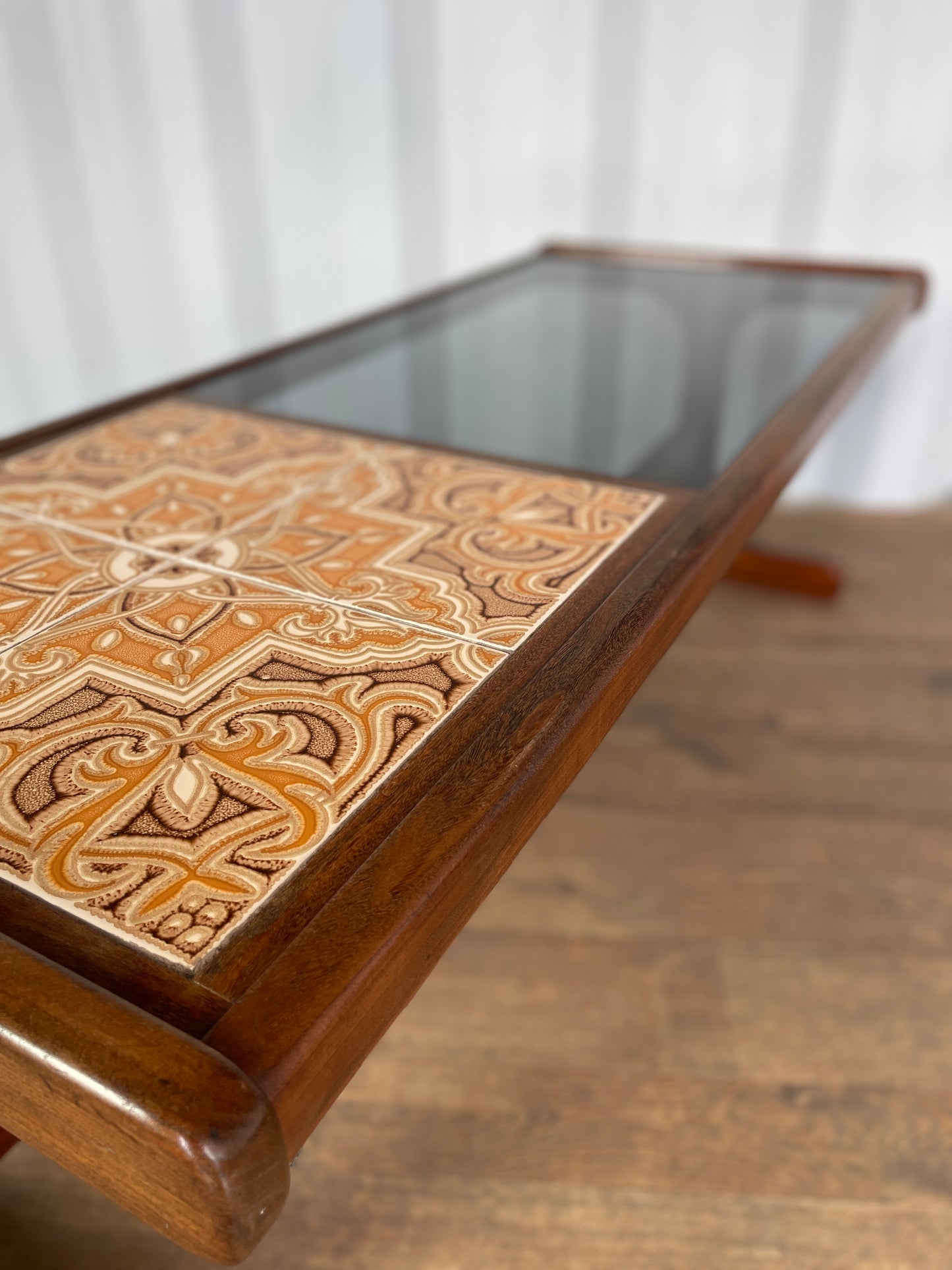 G-Plan Mid-Century Modern Teak Coffee Table with Smoked Glass & Tiled Inlay – 121cm
