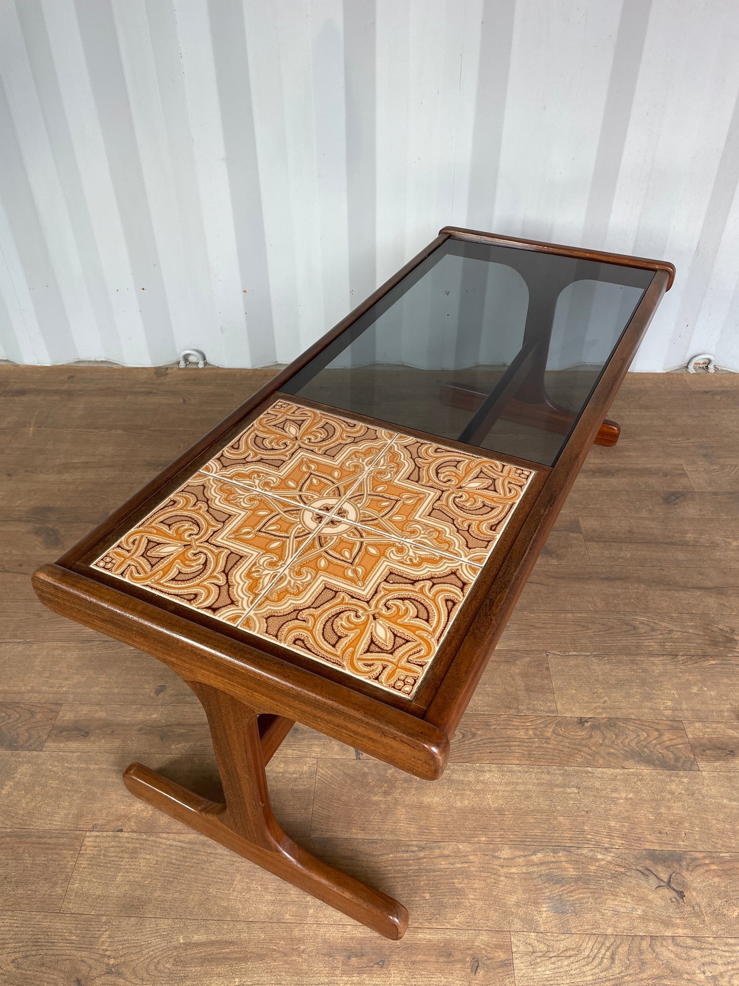 G-Plan Mid-Century Modern Teak Coffee Table with Smoked Glass & Tiled Inlay – 121cm