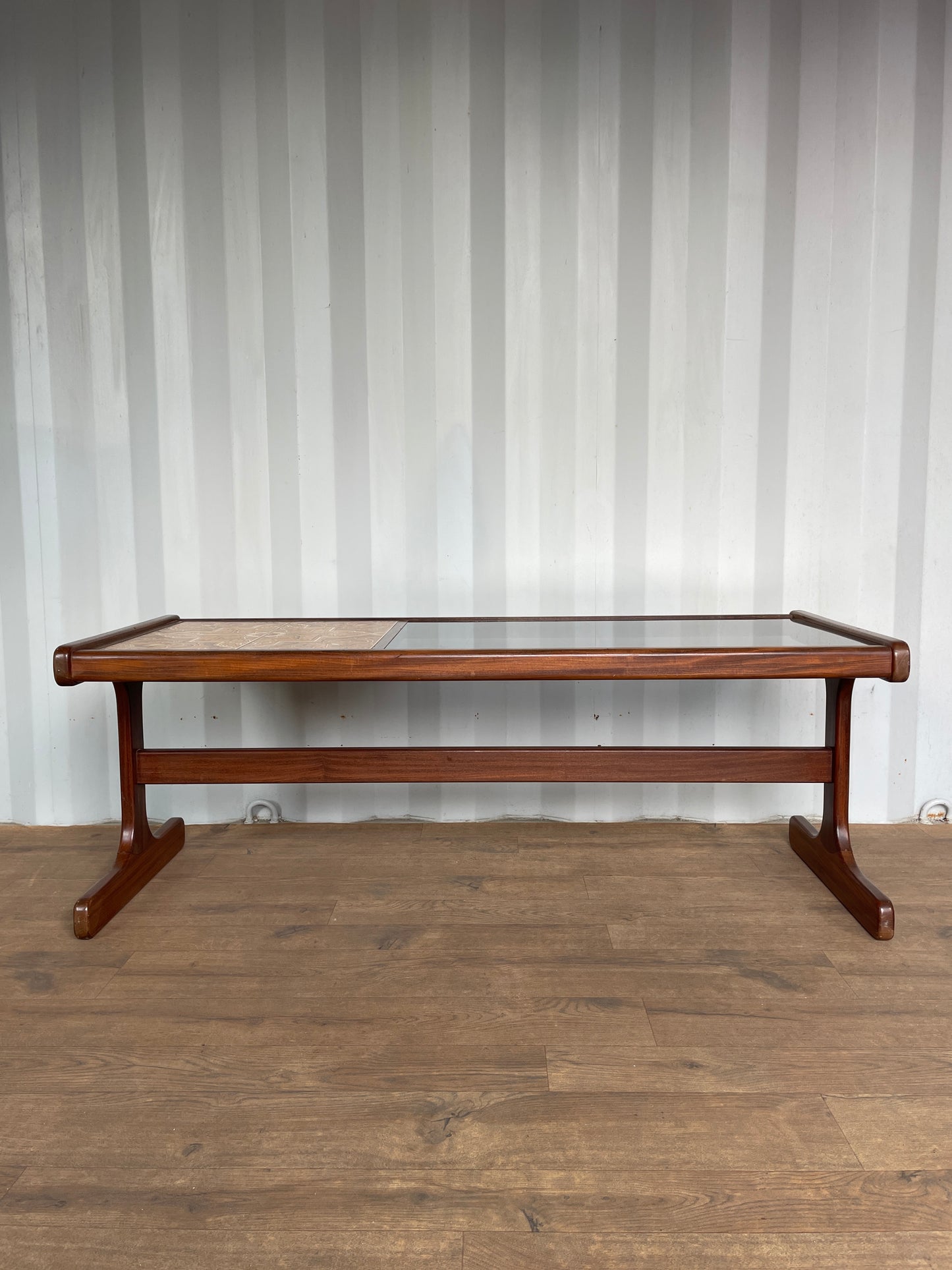 G-Plan Mid-Century Modern Teak Coffee Table with Smoked Glass & Tiled Inlay – 121cm