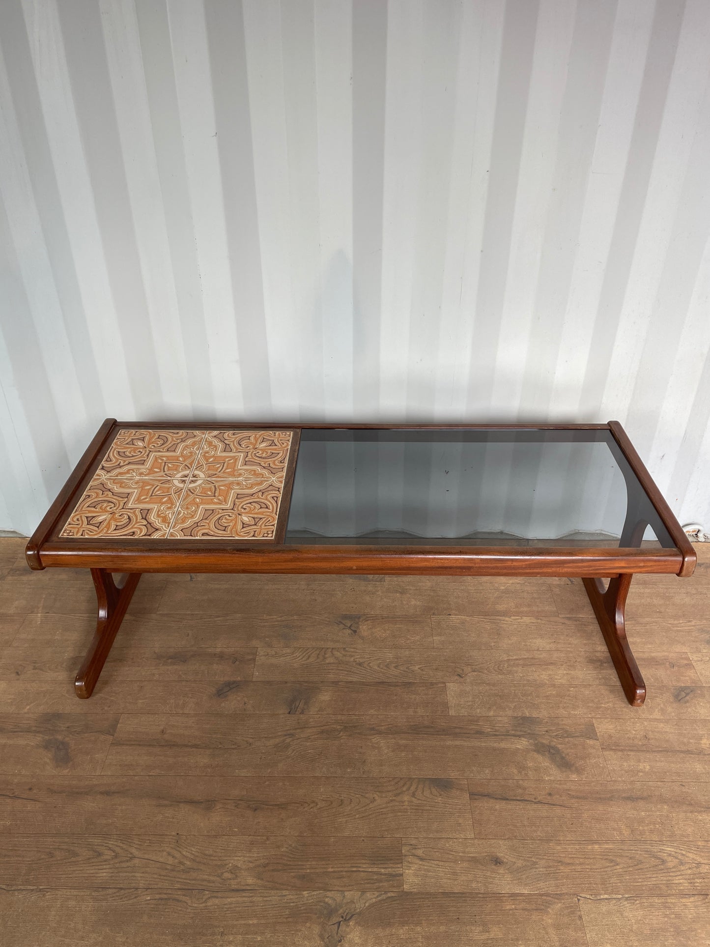 G-Plan Mid-Century Modern Teak Coffee Table with Smoked Glass & Tiled Inlay – 121cm