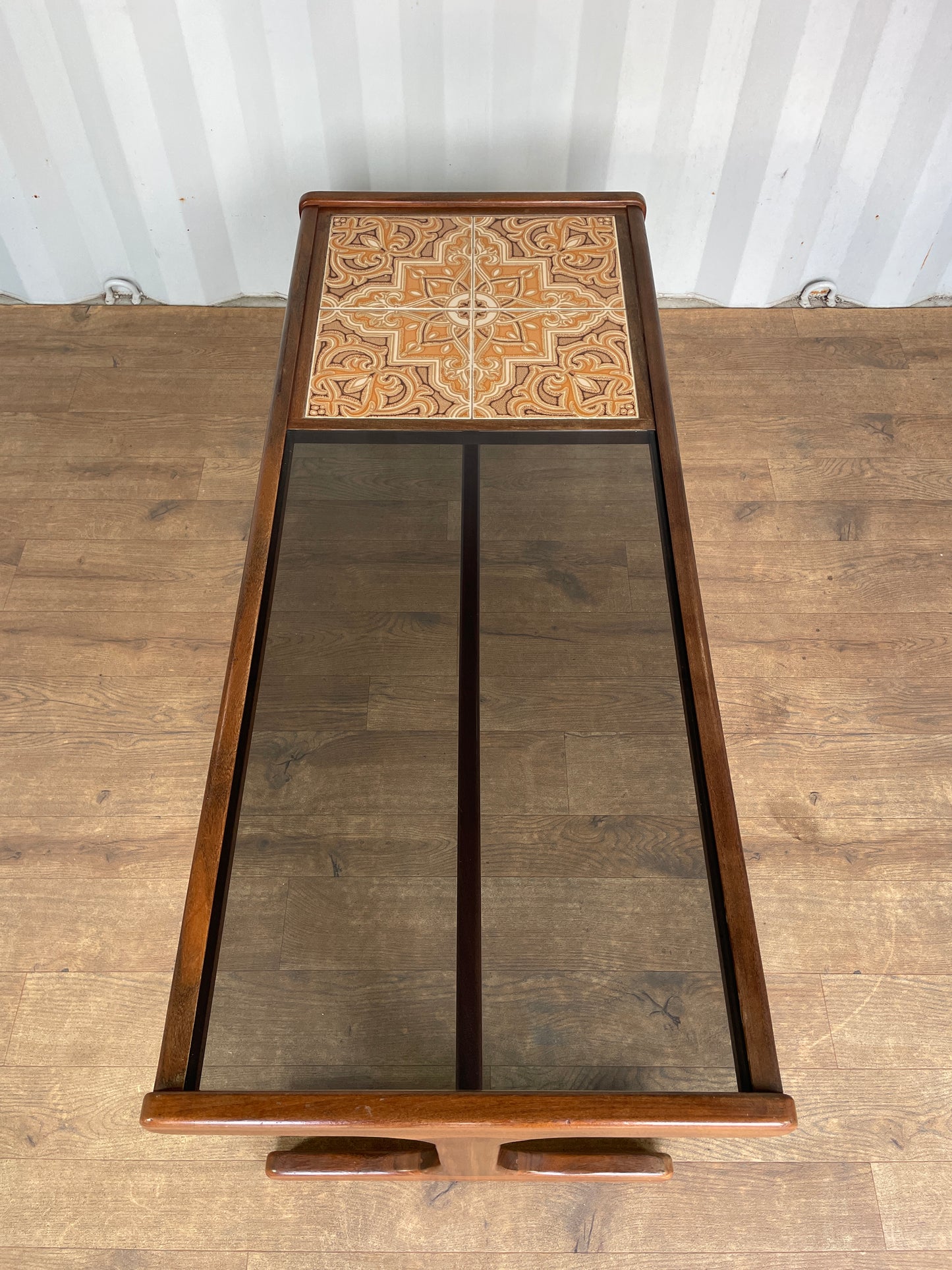 G-Plan Mid-Century Modern Teak Coffee Table with Smoked Glass & Tiled Inlay – 121cm