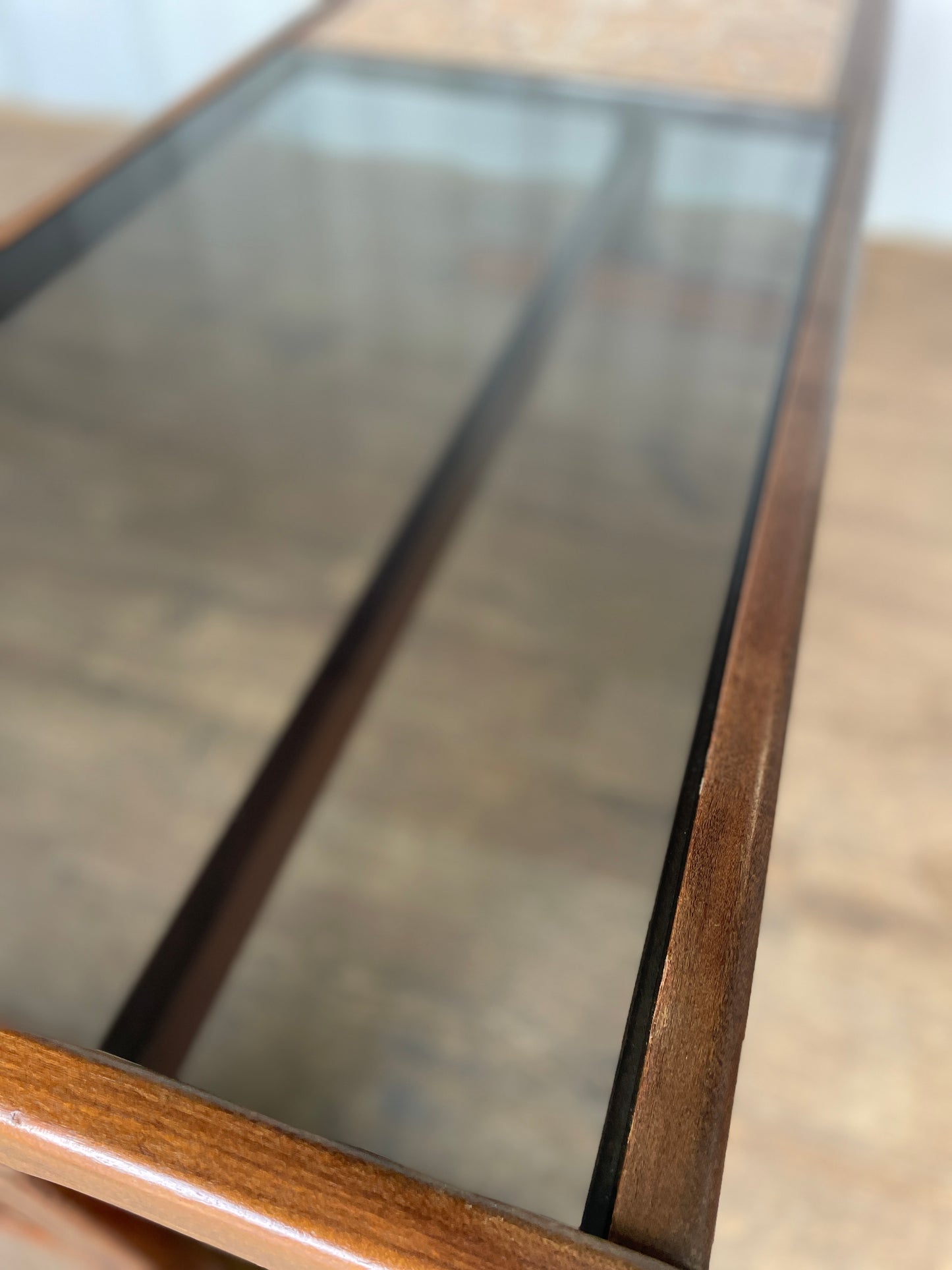 G-Plan Mid-Century Modern Teak Coffee Table with Smoked Glass & Tiled Inlay – 121cm