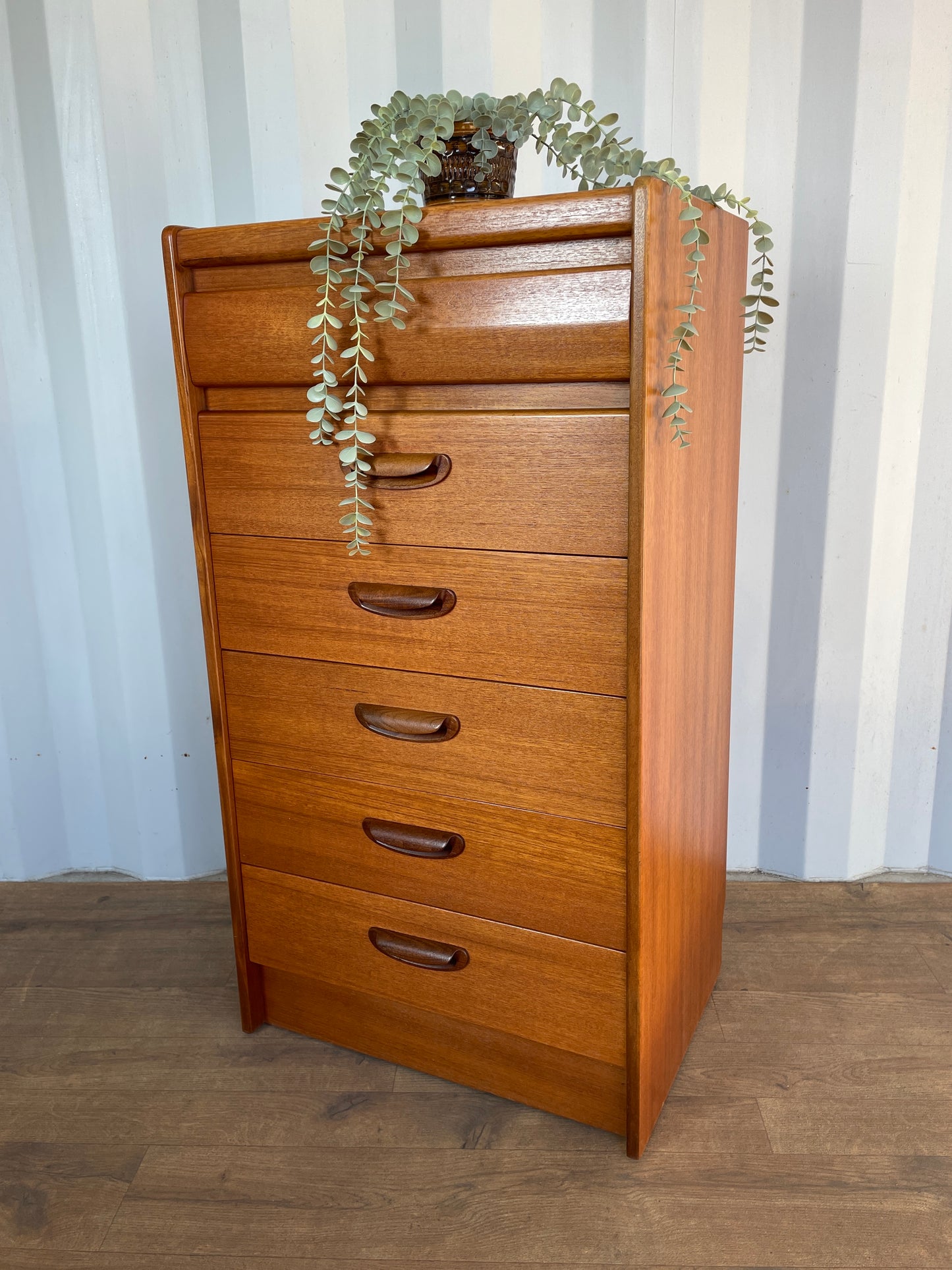 Vintage Mid-Century William Lawrence Tall Teak Chest of Drawers – 6 Drawer British Modernist Cabinet – 100cm High