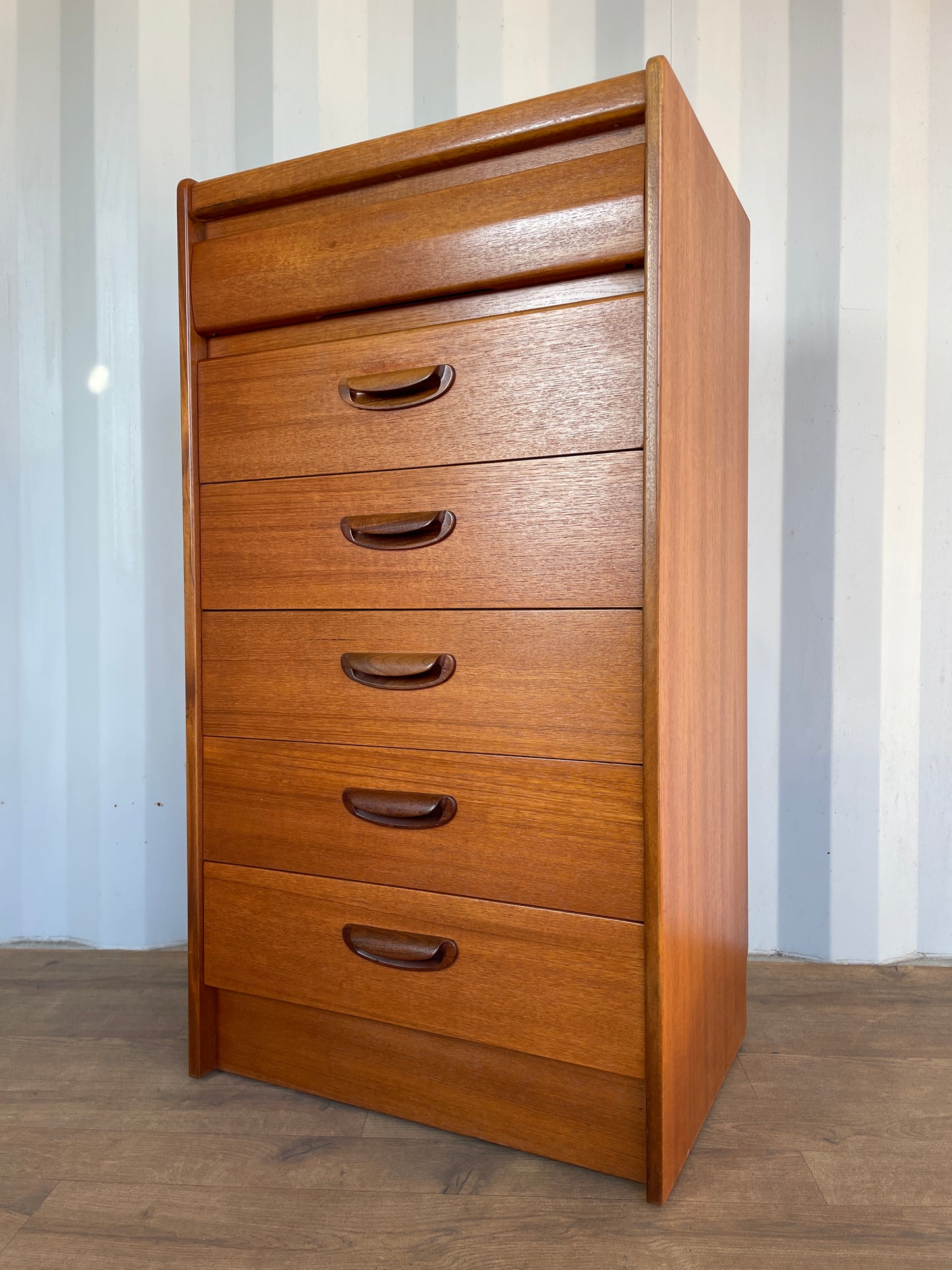 Vintage Mid-Century William Lawrence Tall Teak Chest of Drawers – 6 Drawer British Modernist Cabinet – 100cm High