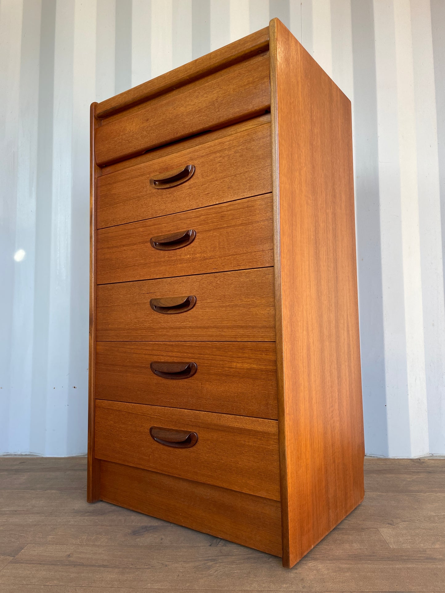 Vintage Mid-Century William Lawrence Tall Teak Chest of Drawers – 6 Drawer British Modernist Cabinet – 100cm High