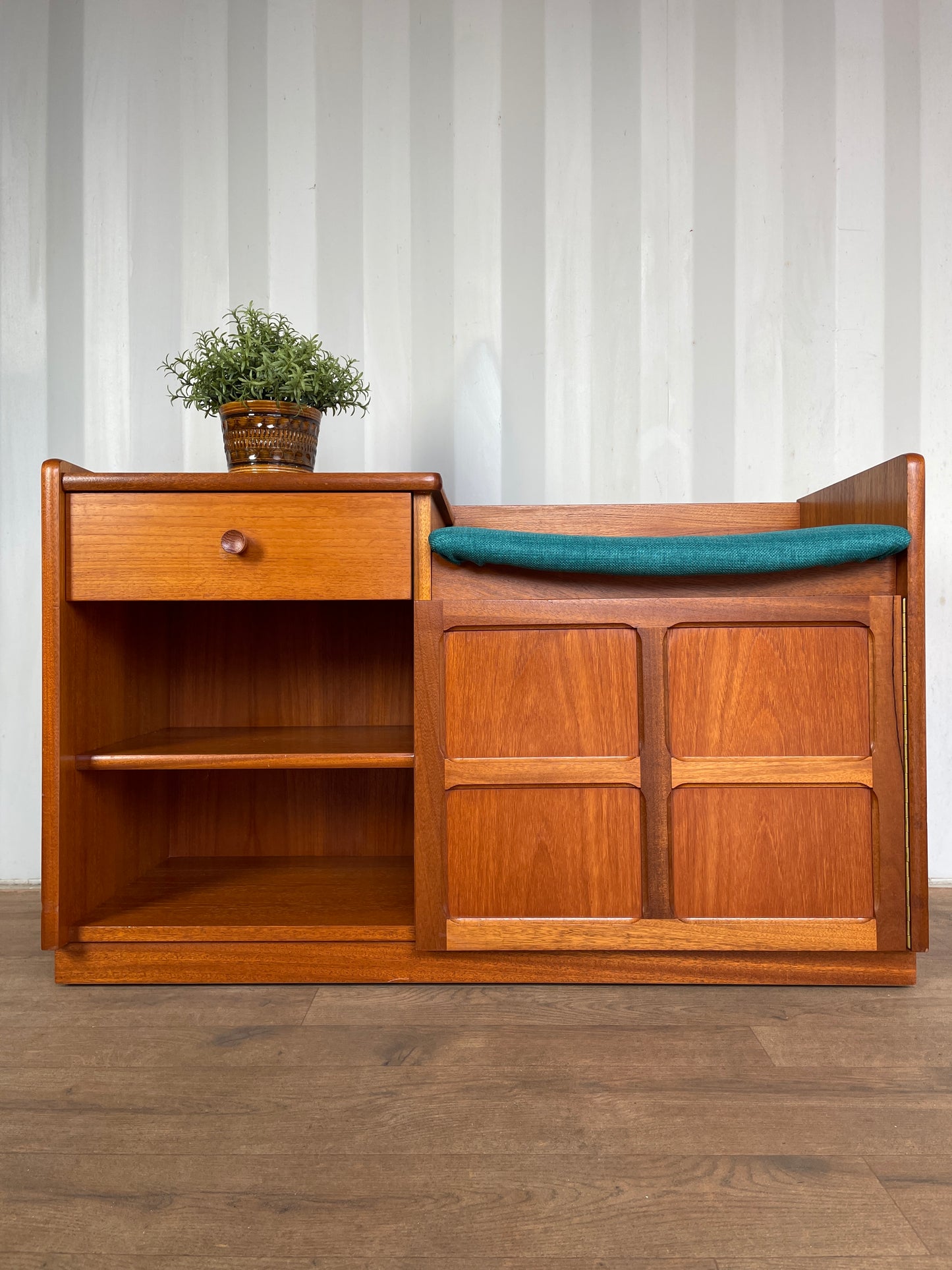 Vintage Nathan Teak Telephone Table Seat – Mid-Century Hall Bench with Storage & Drawer – Newly Upholstered Blue Seat