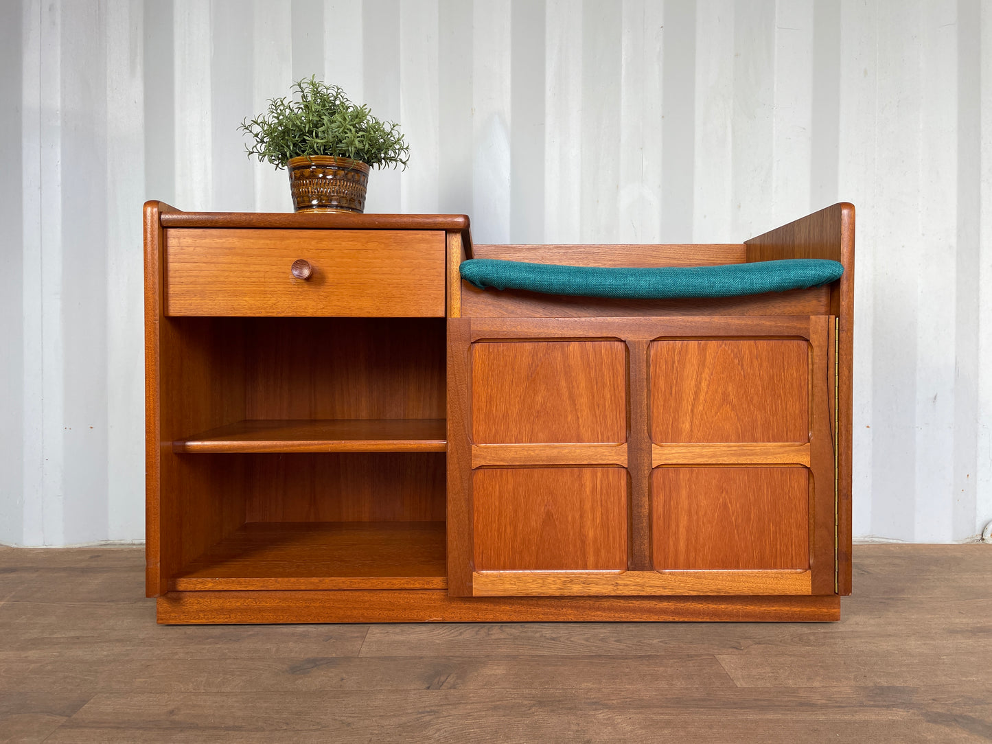 Vintage Nathan Teak Telephone Table Seat – Mid-Century Hall Bench with Storage & Drawer – Newly Upholstered Blue Seat
