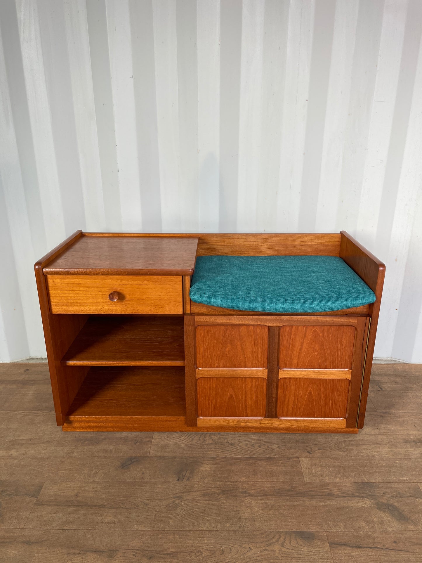 Vintage Nathan Teak Telephone Table Seat – Mid-Century Hall Bench with Storage & Drawer – Newly Upholstered Blue Seat