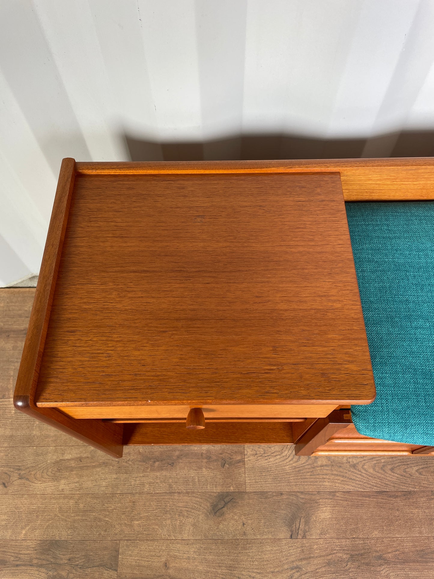 Vintage Nathan Teak Telephone Table Seat – Mid-Century Hall Bench with Storage & Drawer – Newly Upholstered Blue Seat