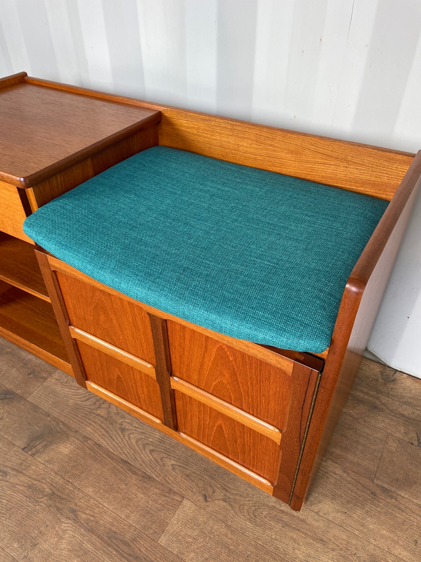 Vintage Nathan Teak Telephone Table Seat – Mid-Century Hall Bench with Storage & Drawer – Newly Upholstered Blue Seat