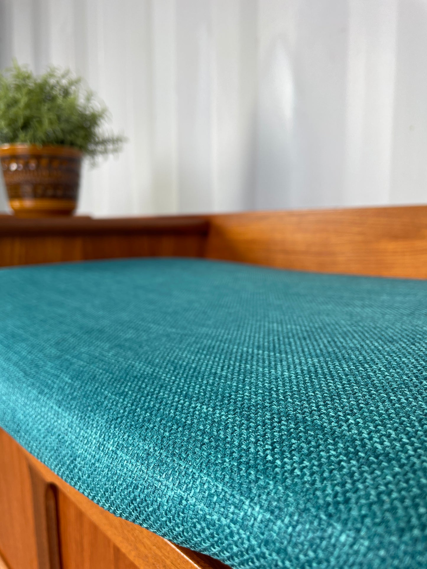 Vintage Nathan Teak Telephone Table Seat – Mid-Century Hall Bench with Storage & Drawer – Newly Upholstered Blue Seat