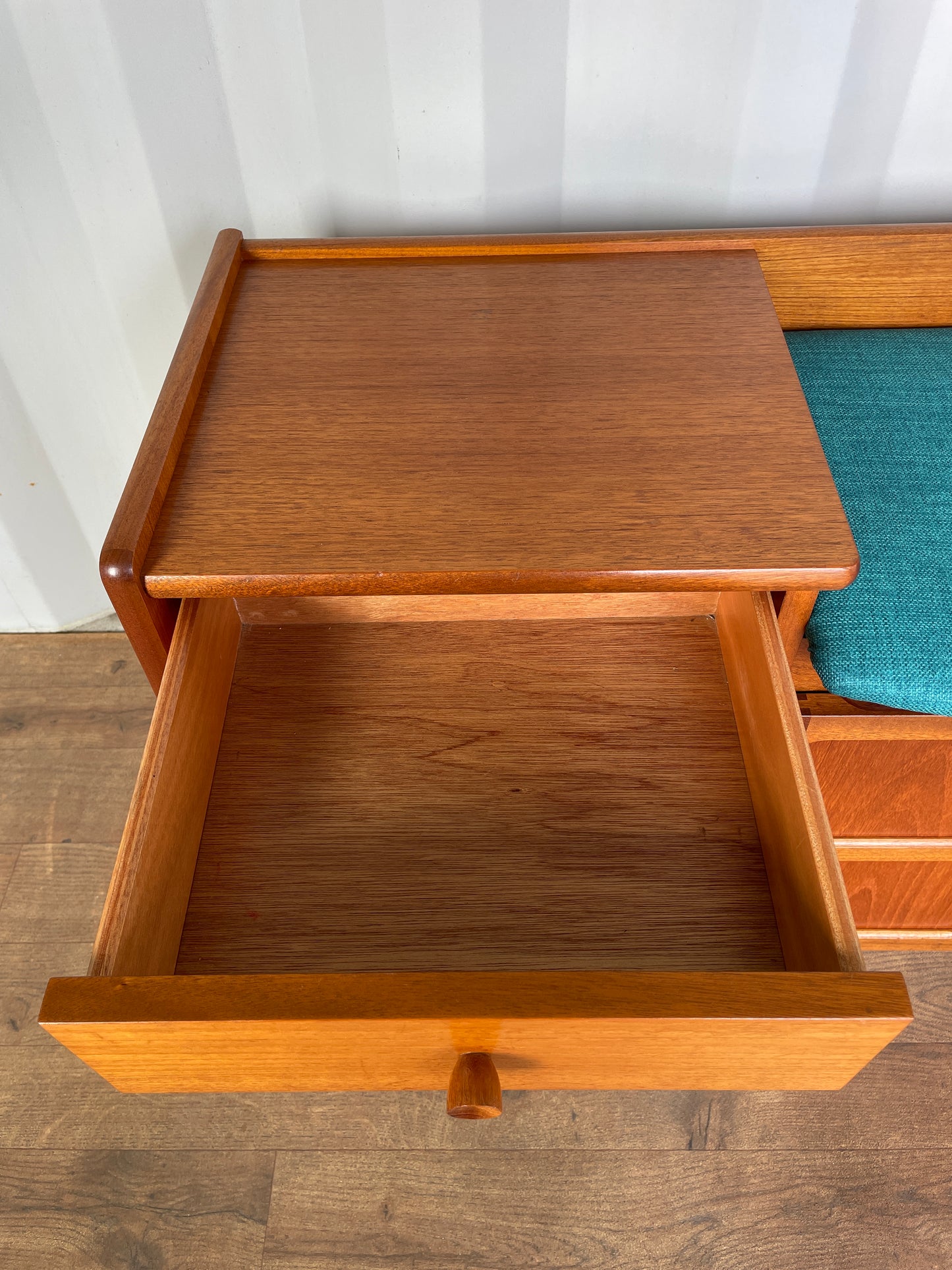 Vintage Nathan Teak Telephone Table Seat – Mid-Century Hall Bench with Storage & Drawer – Newly Upholstered Blue Seat