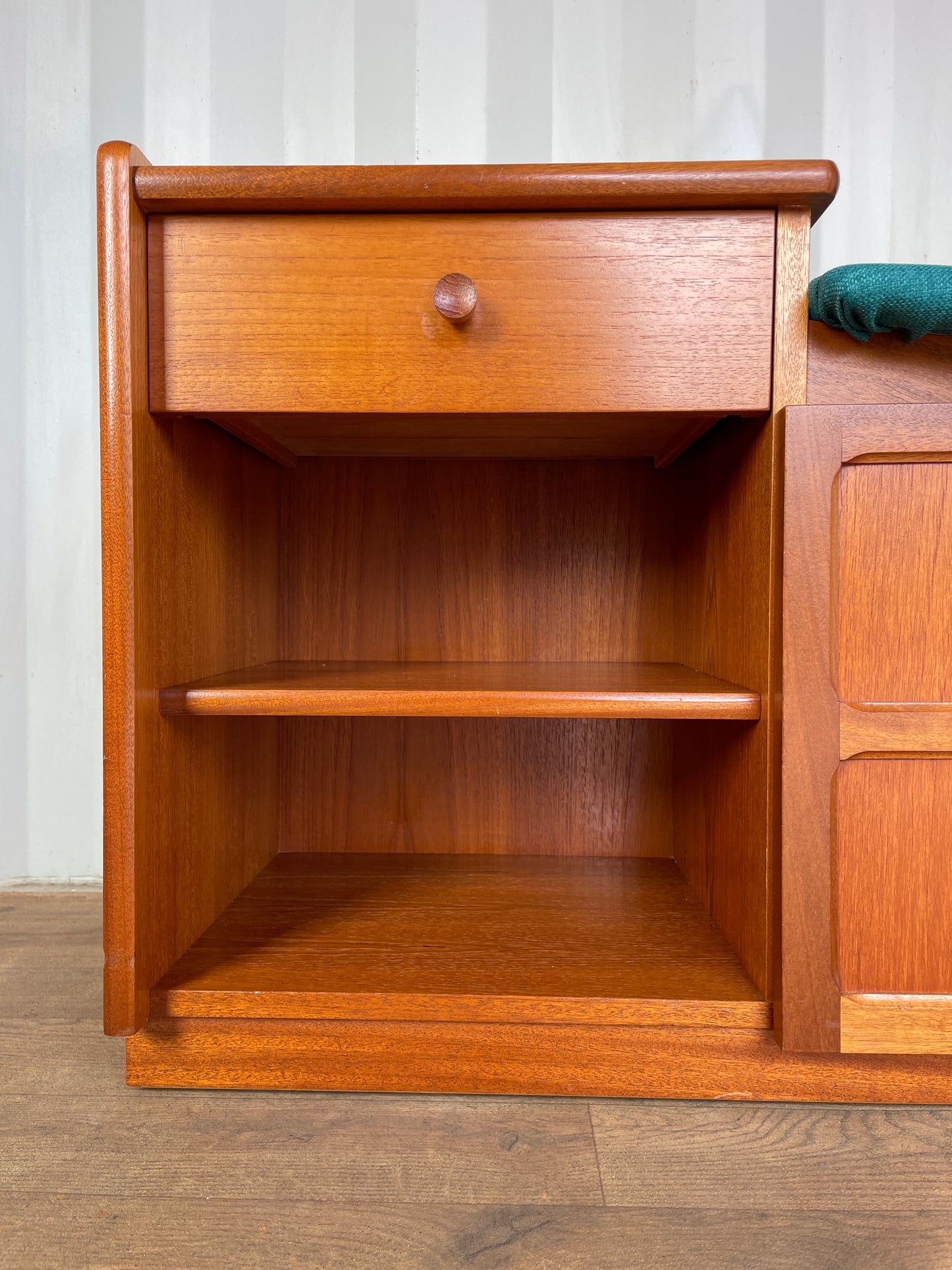 Vintage Nathan Teak Telephone Table Seat – Mid-Century Hall Bench with Storage & Drawer – Newly Upholstered Blue Seat