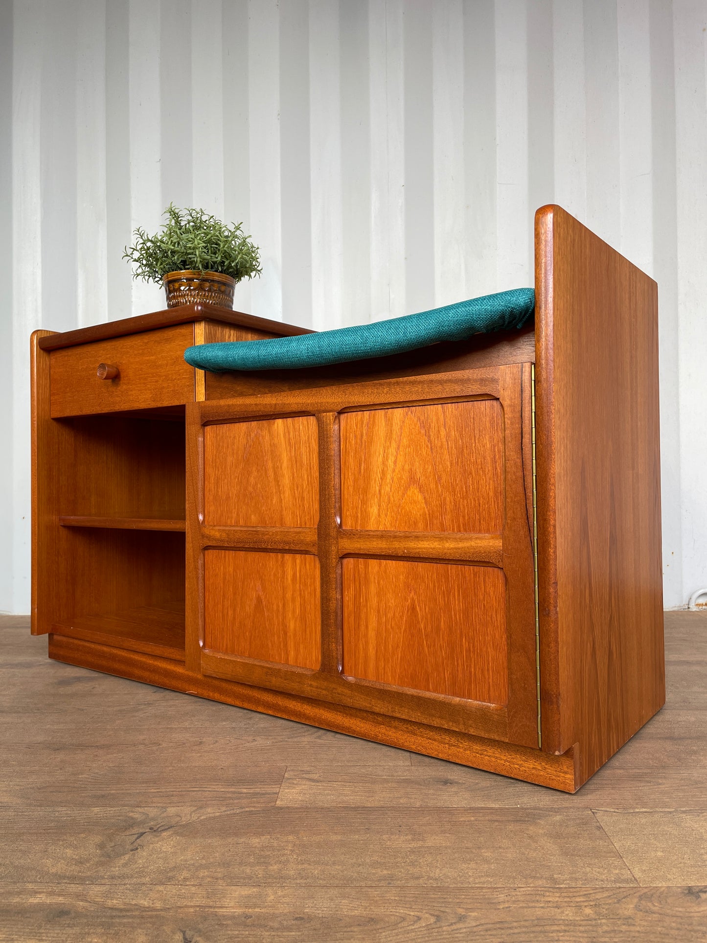 Vintage Nathan Teak Telephone Table Seat – Mid-Century Hall Bench with Storage & Drawer – Newly Upholstered Blue Seat