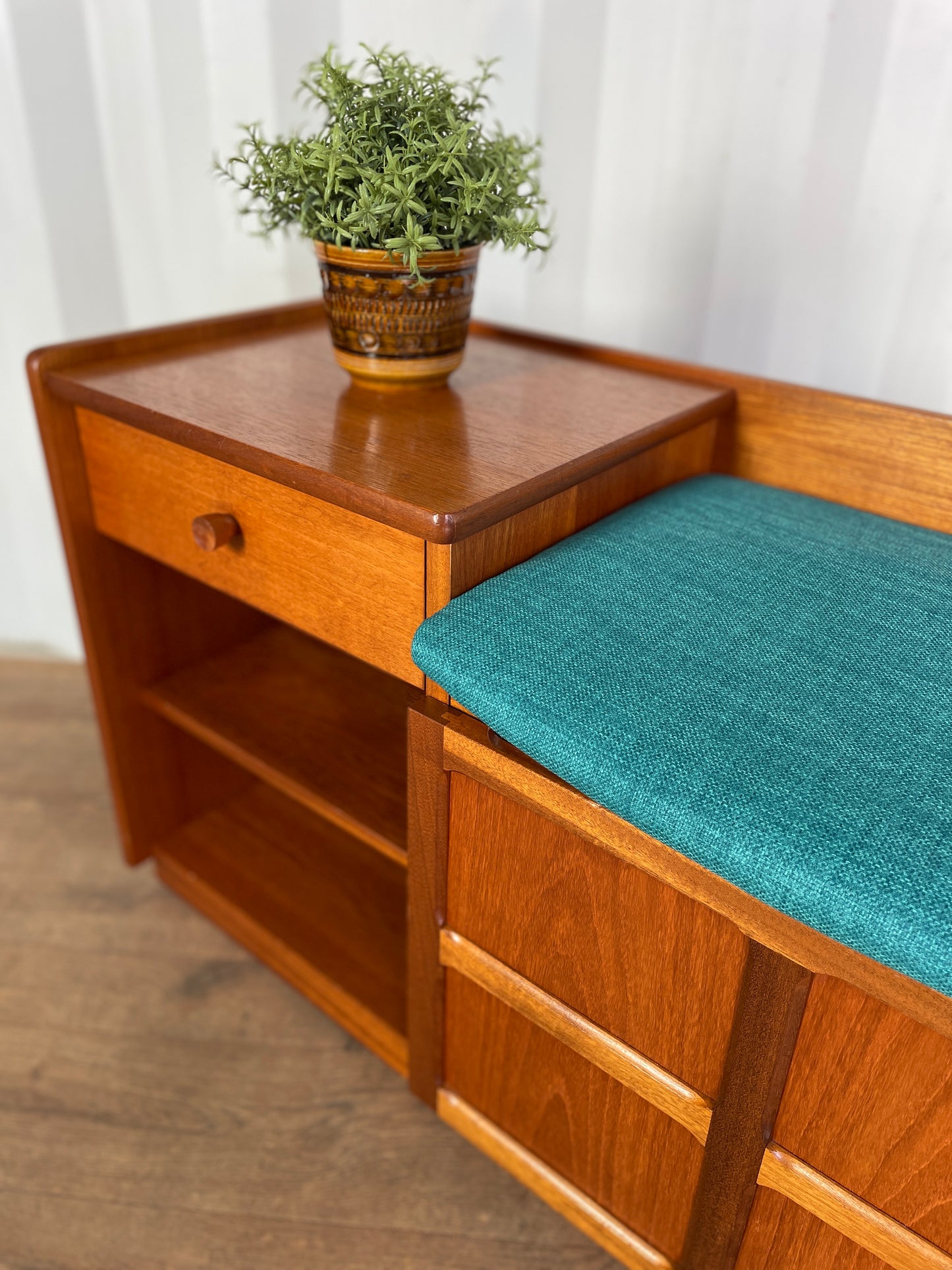 Vintage Nathan Teak Telephone Table Seat – Mid-Century Hall Bench with Storage & Drawer – Newly Upholstered Blue Seat