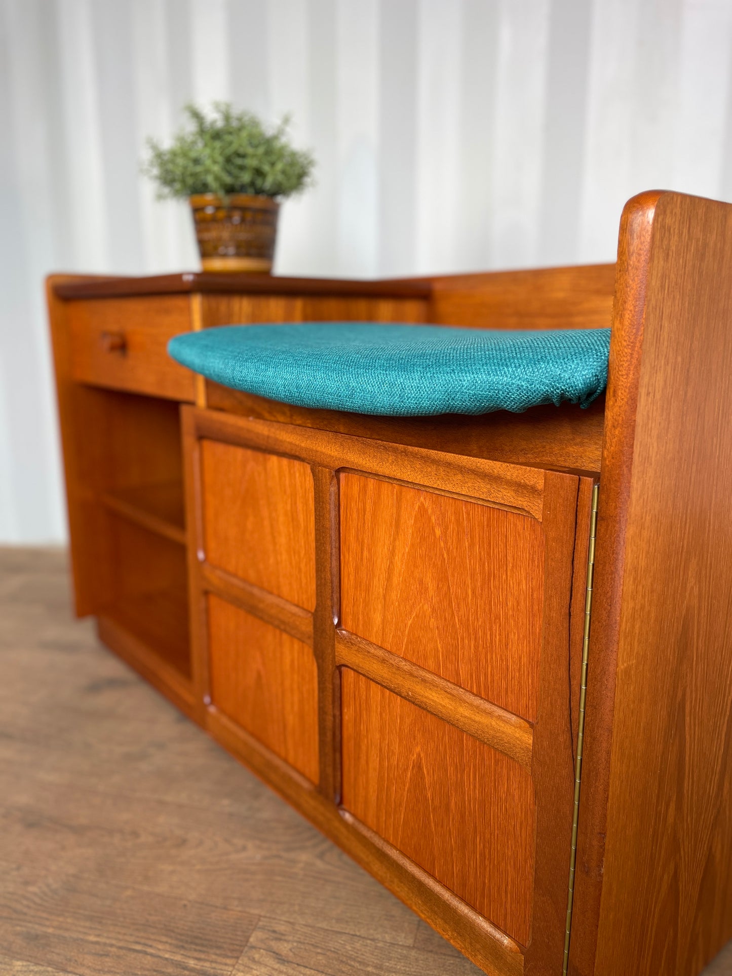 Vintage Nathan Teak Telephone Table Seat – Mid-Century Hall Bench with Storage & Drawer – Newly Upholstered Blue Seat