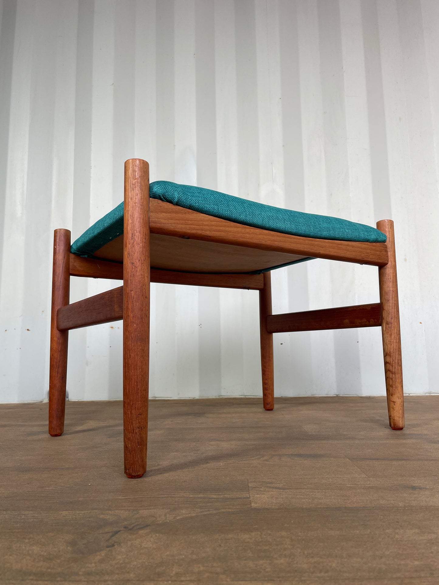 Vintage Danish Teak Stool / Mid-Century Modern Footstool with Newly Upholstered Blue Fabric Seat