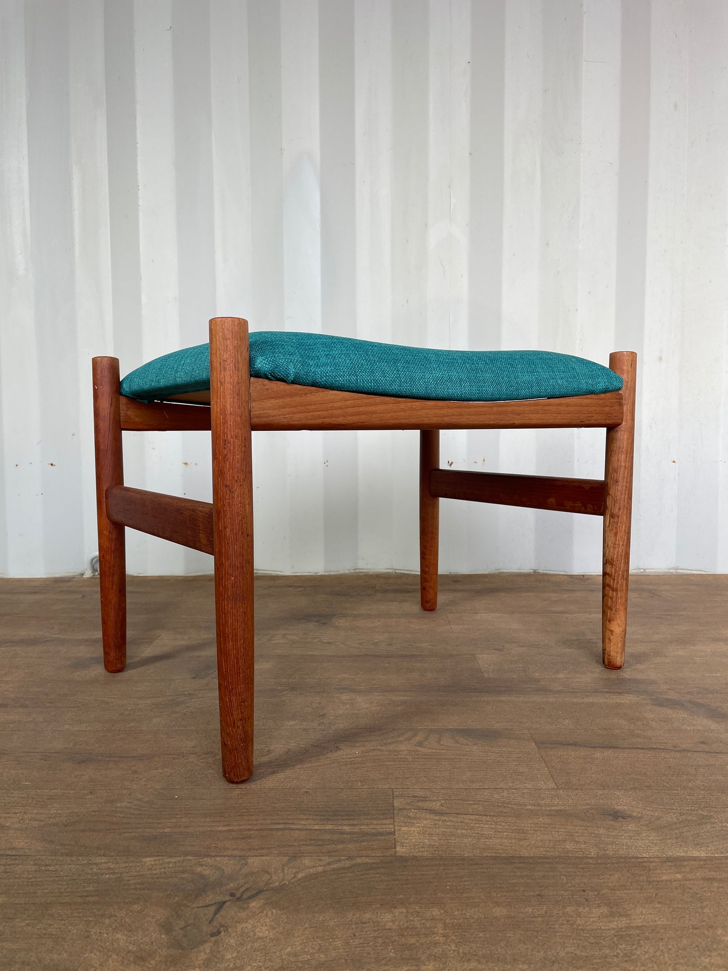 Vintage Danish Teak Stool / Mid-Century Modern Footstool with Newly Upholstered Blue Fabric Seat
