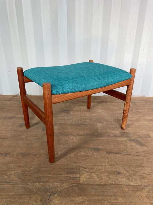Vintage Danish Teak Stool / Mid-Century Modern Footstool with Newly Upholstered Blue Fabric Seat