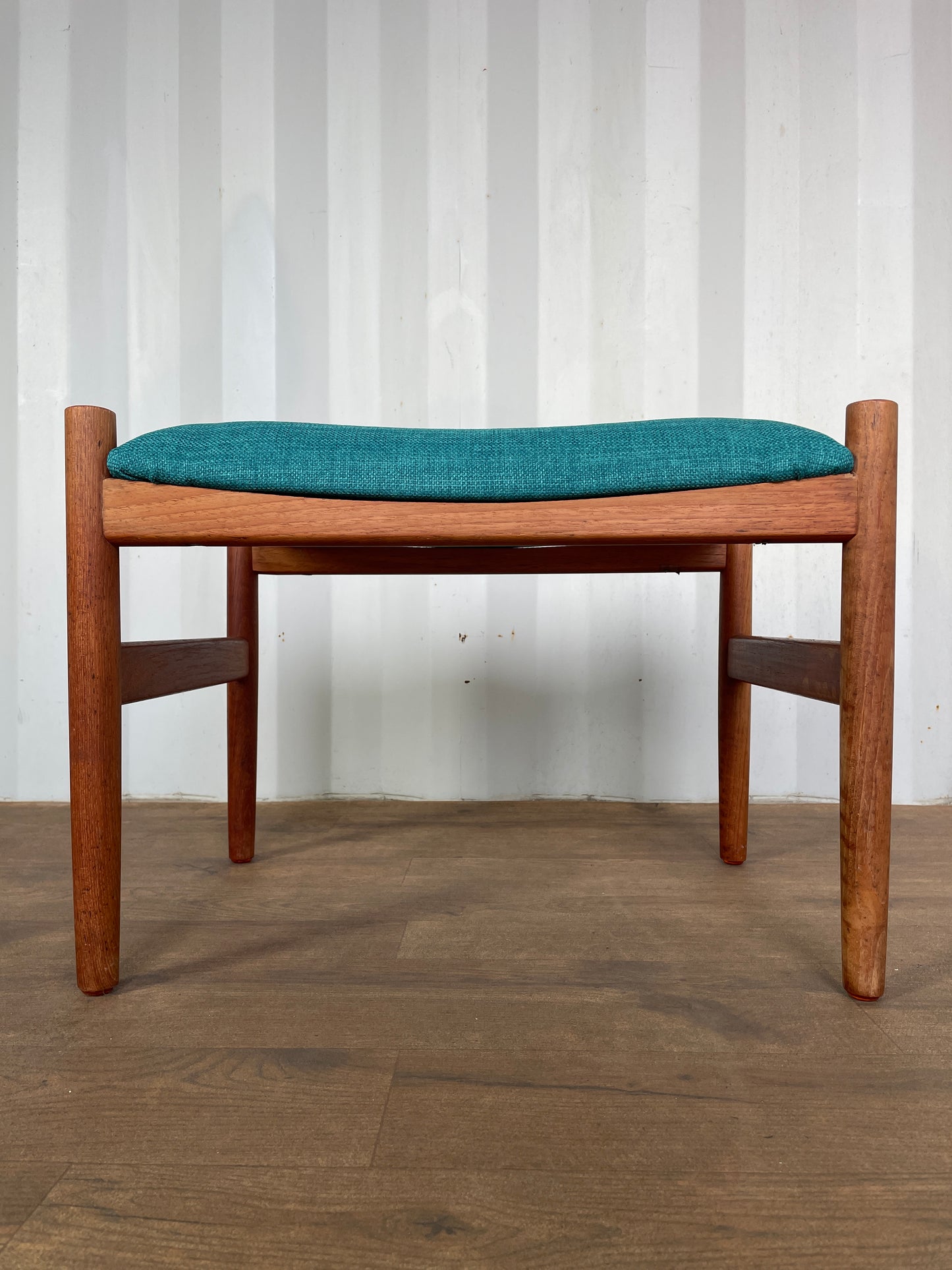 Vintage Danish Teak Stool / Mid-Century Modern Footstool with Newly Upholstered Blue Fabric Seat