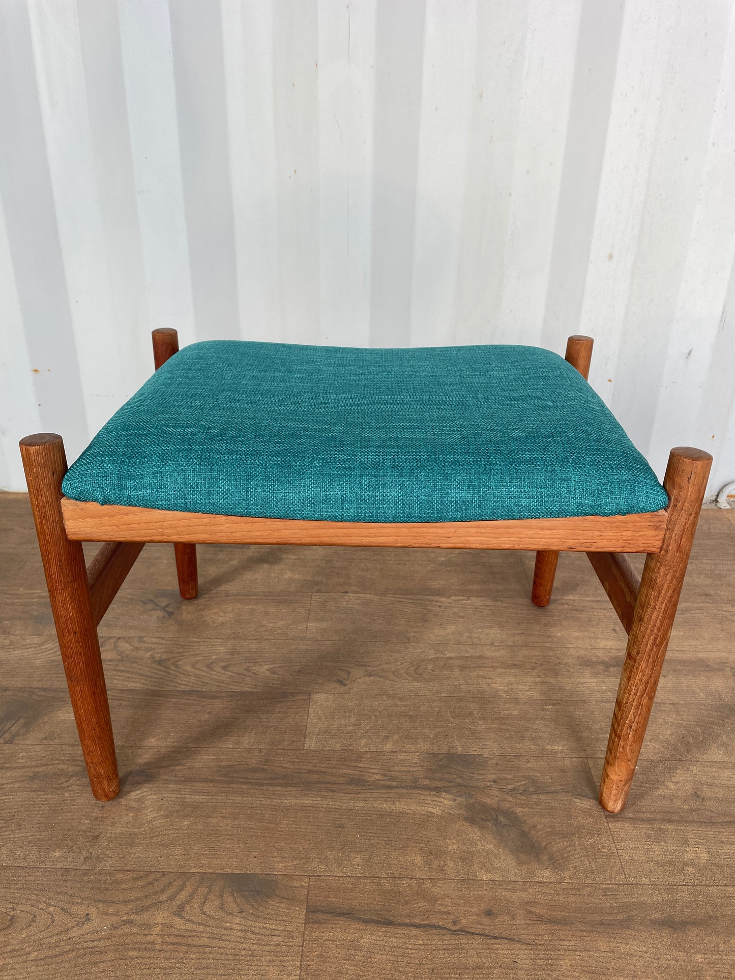 Vintage Danish Teak Stool / Mid-Century Modern Footstool with Newly Upholstered Blue Fabric Seat