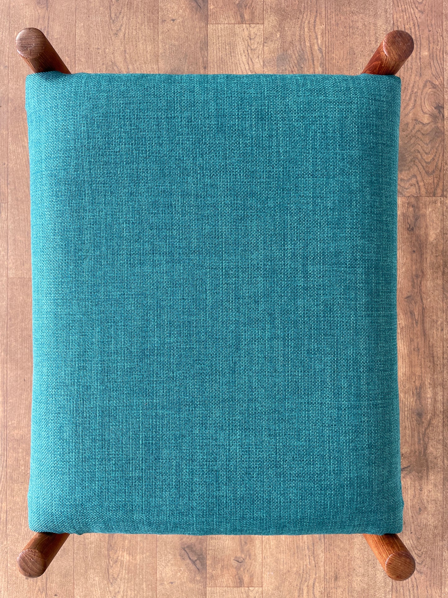 Vintage Danish Teak Stool / Mid-Century Modern Footstool with Newly Upholstered Blue Fabric Seat