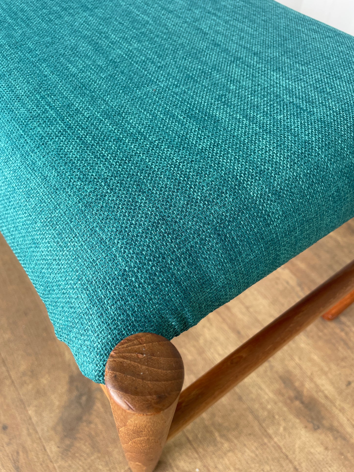 Vintage Danish Teak Stool / Mid-Century Modern Footstool with Newly Upholstered Blue Fabric Seat