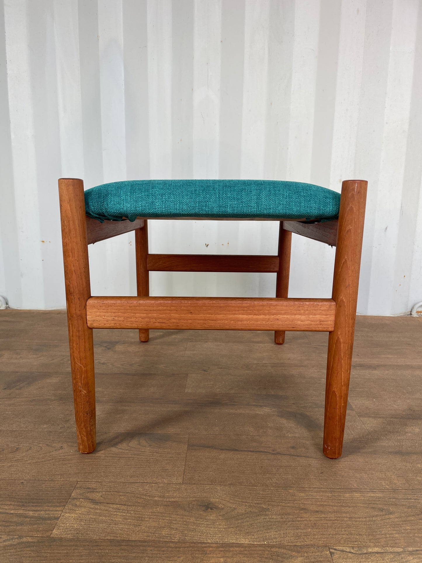 Vintage Danish Teak Stool / Mid-Century Modern Footstool with Newly Upholstered Blue Fabric Seat