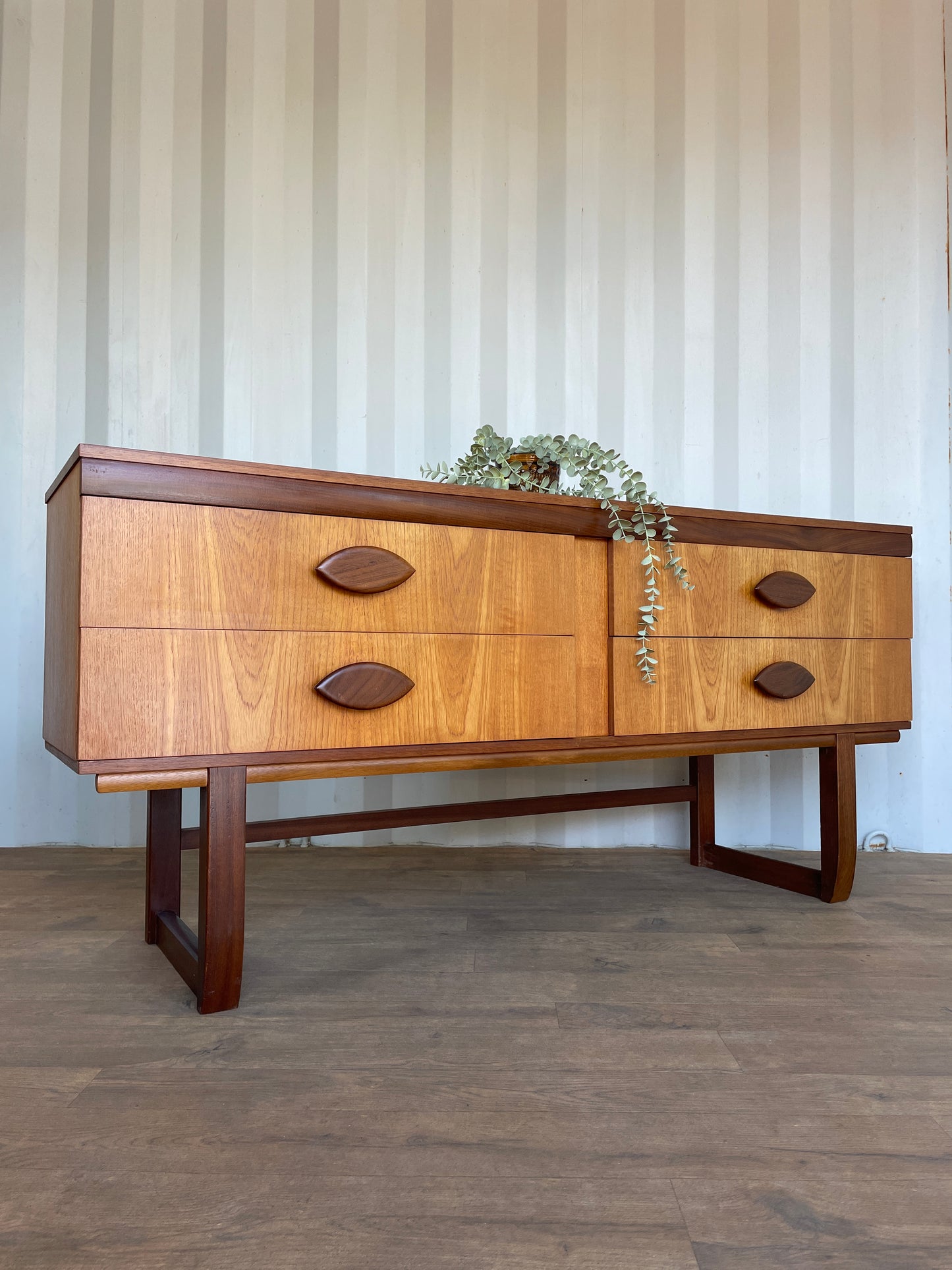 Vintage Teak Mid Century Sideboard – 4 Drawer Scandinavian Style Cabinet with Sculpted Handles – 153cm