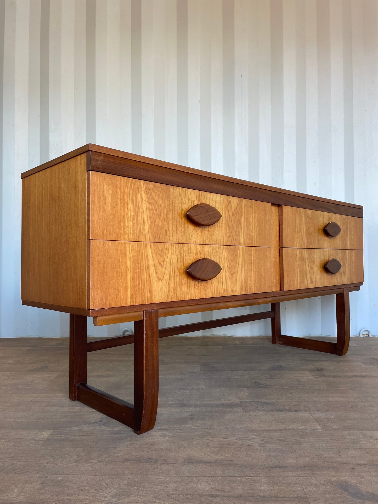 Vintage Teak Mid Century Sideboard – 4 Drawer Scandinavian Style Cabinet with Sculpted Handles – 153cm