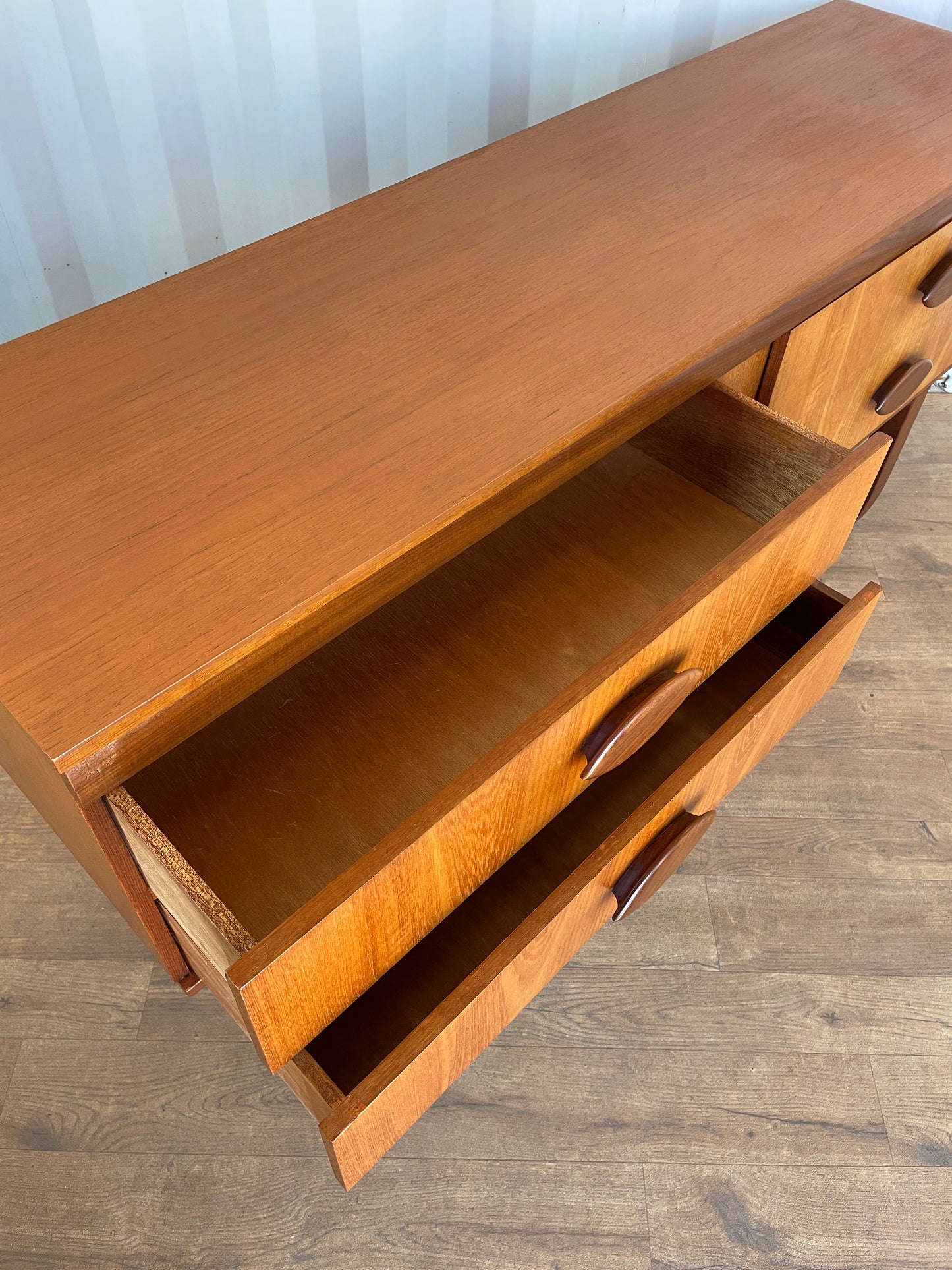 Vintage Teak Mid Century Sideboard – 4 Drawer Scandinavian Style Cabinet with Sculpted Handles – 153cm