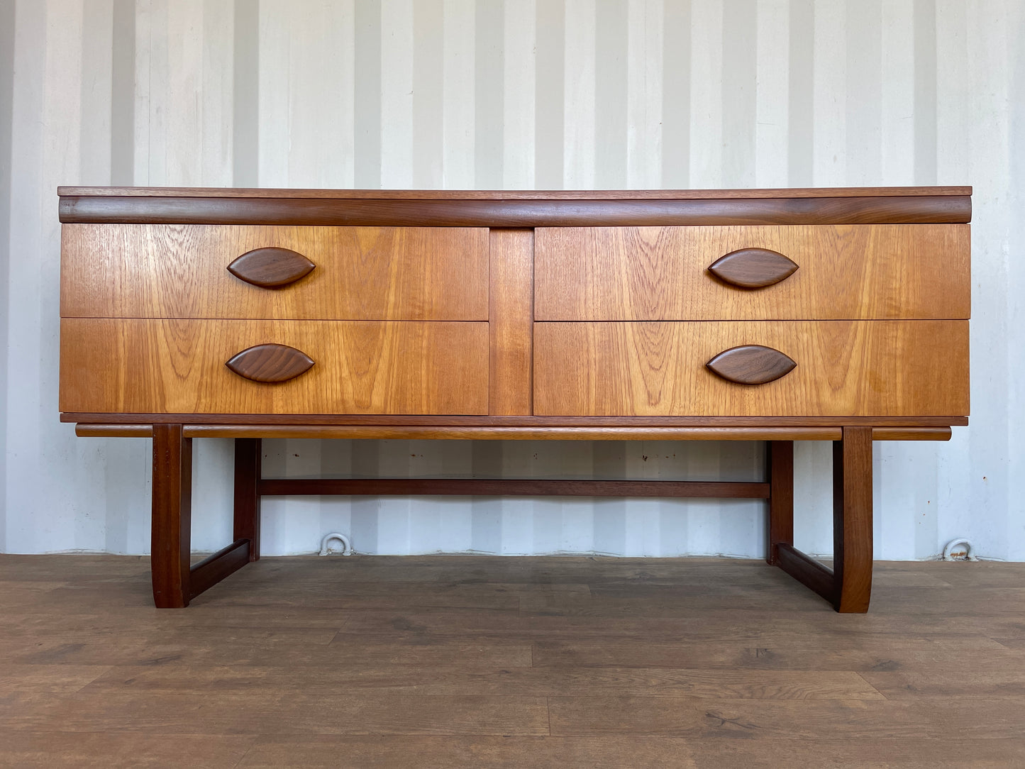 Vintage Teak Mid Century Sideboard – 4 Drawer Scandinavian Style Cabinet with Sculpted Handles – 153cm