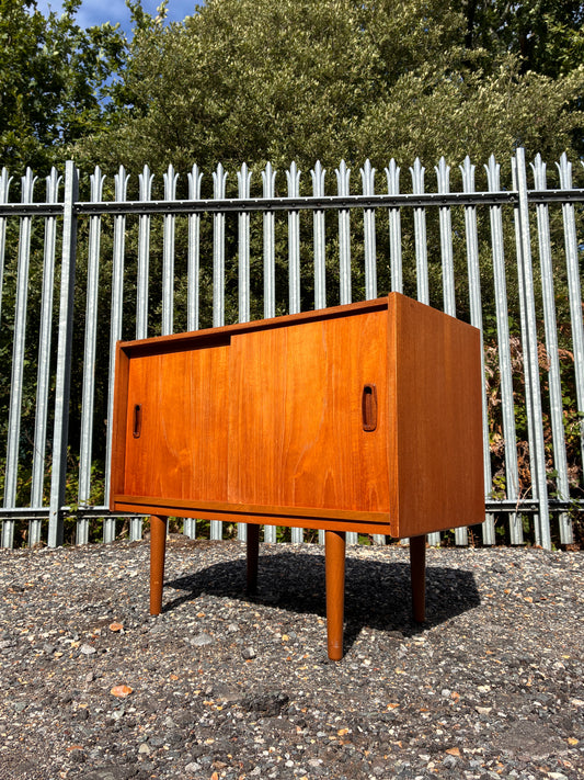 Teak Record Cabinet w/ Sliding Doors Vinyl Storage Danish Mid-Century Vintage