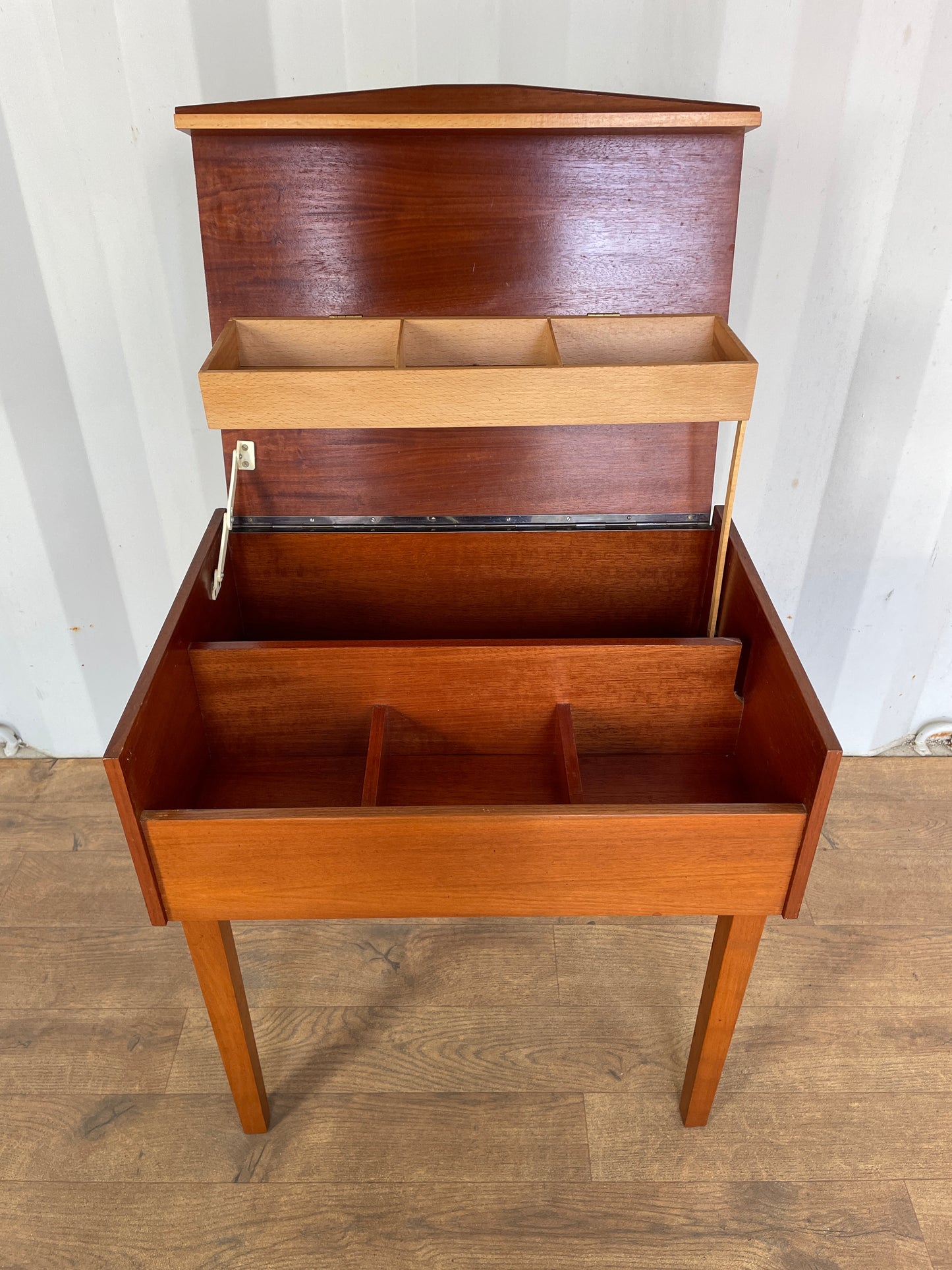 Mid-Century Teak Sewing Box Table / Craft Storage Cabinet with Lift-Up Compartments - Vintage