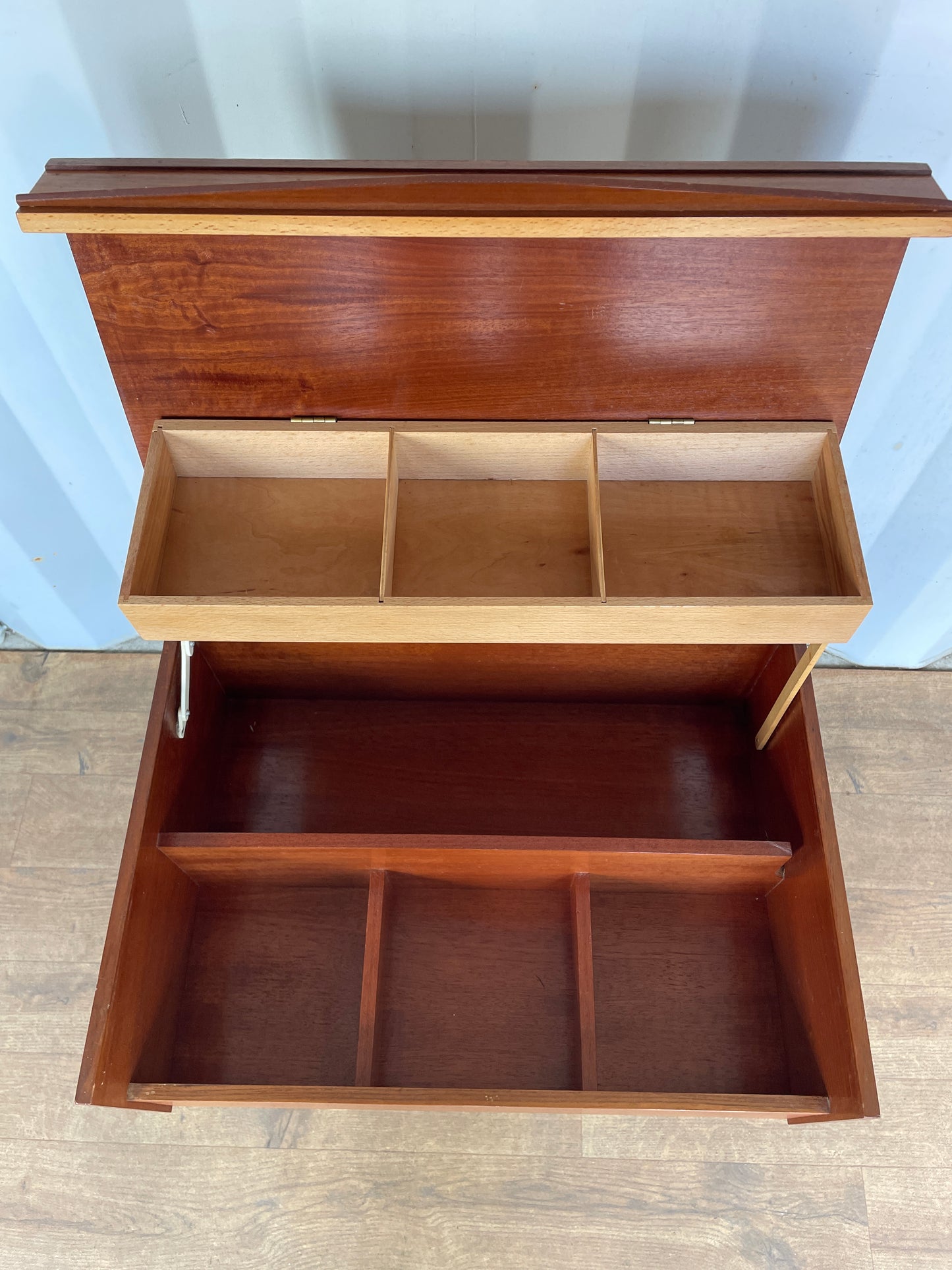 Mid-Century Teak Sewing Box Table / Craft Storage Cabinet with Lift-Up Compartments - Vintage
