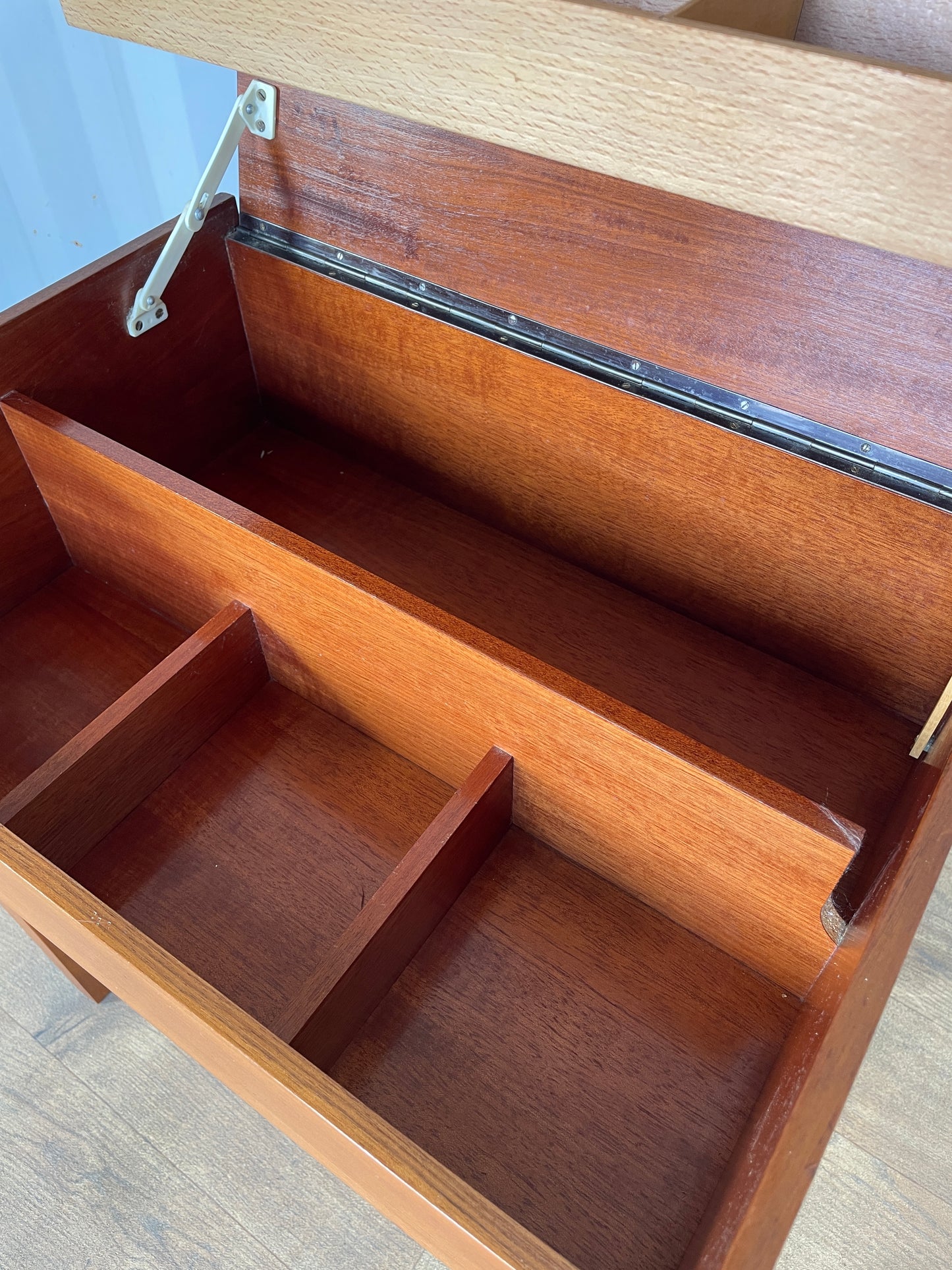 Mid-Century Teak Sewing Box Table / Craft Storage Cabinet with Lift-Up Compartments - Vintage