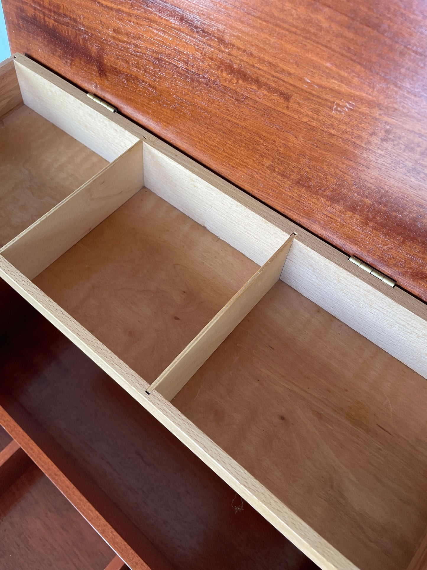 Mid-Century Teak Sewing Box Table / Craft Storage Cabinet with Lift-Up Compartments - Vintage
