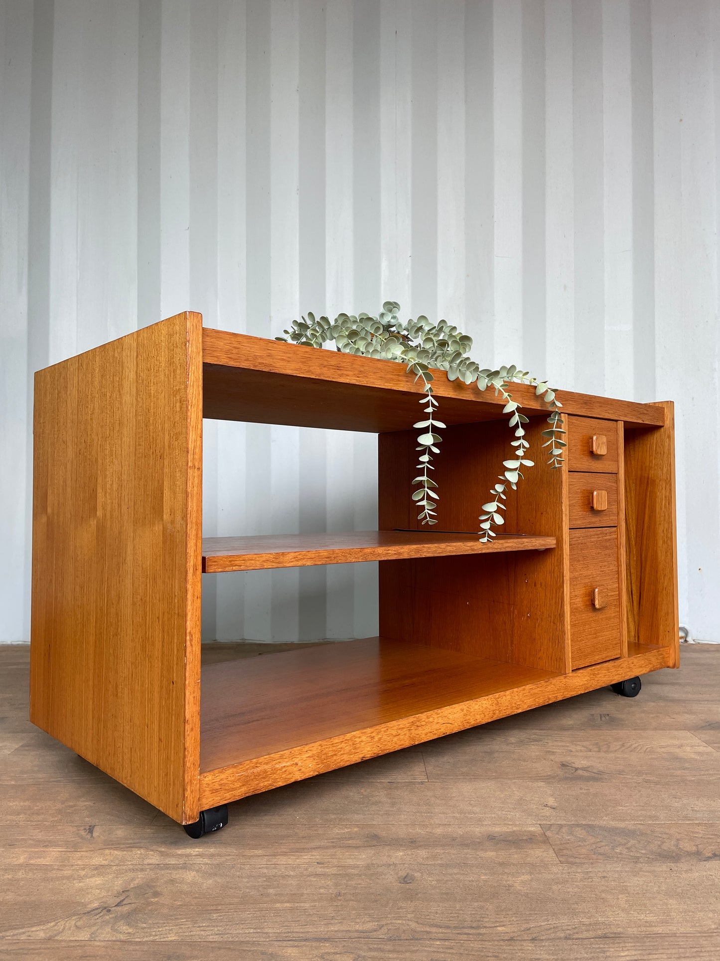 TV Cabinet / Media Unit Danish Style Vintage Teak Mid-Century on Castors – Shelving, Drawers & Pull Out Storage
