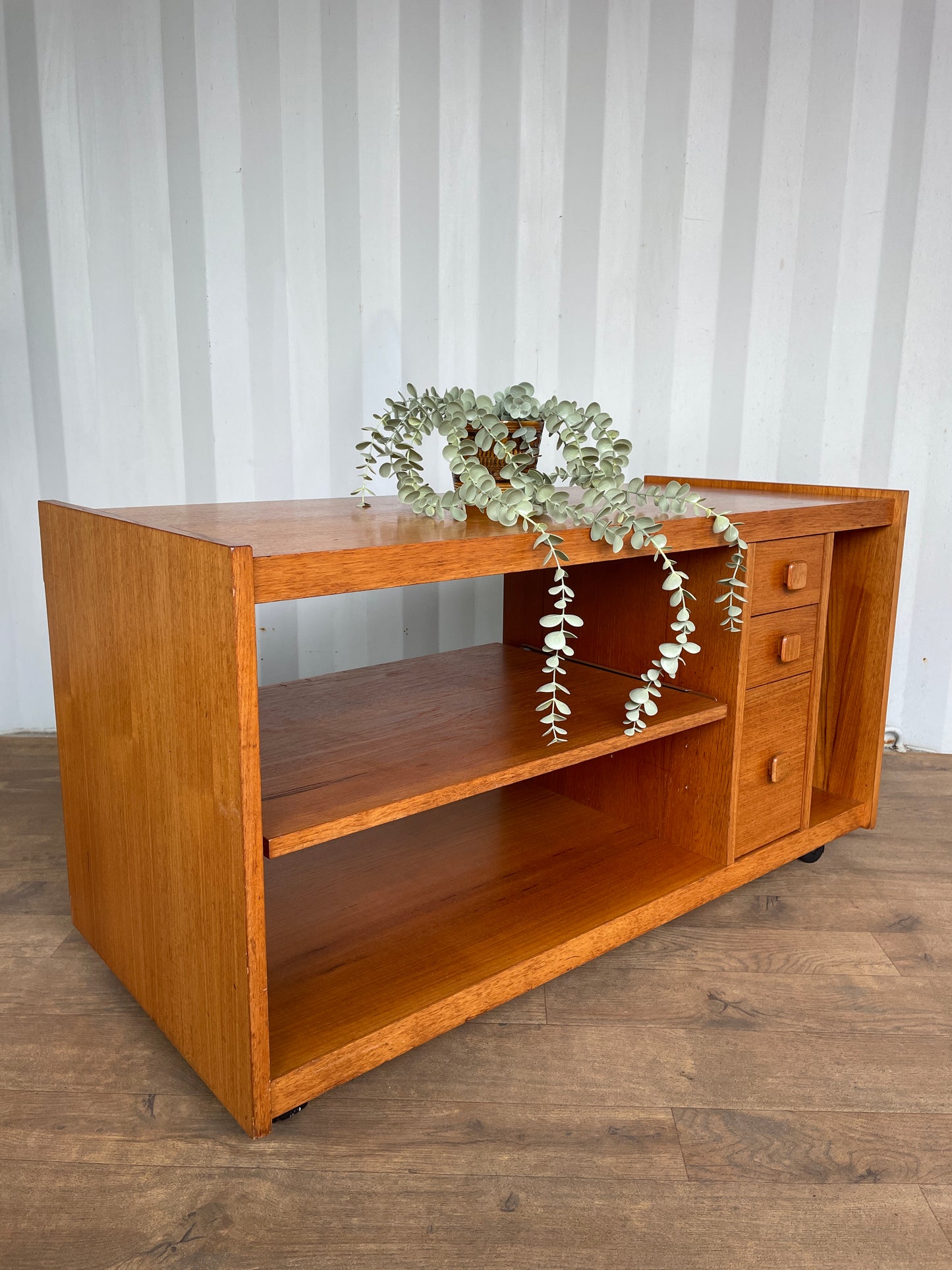 TV Cabinet / Media Unit Danish Style Vintage Teak Mid-Century on Castors – Shelving, Drawers & Pull Out Storage