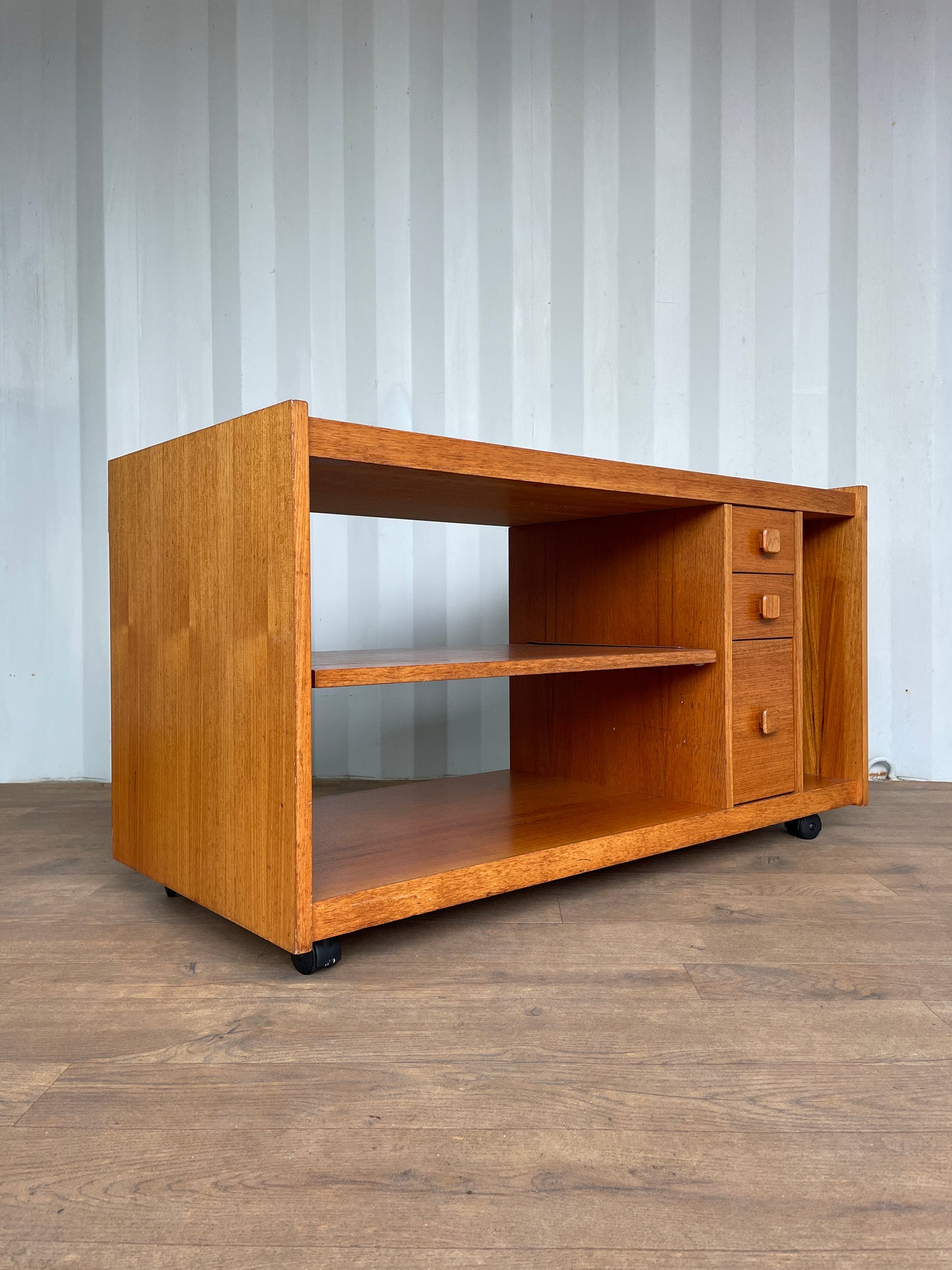 TV Cabinet / Media Unit Danish Style Vintage Teak Mid-Century on Castors – Shelving, Drawers & Pull Out Storage