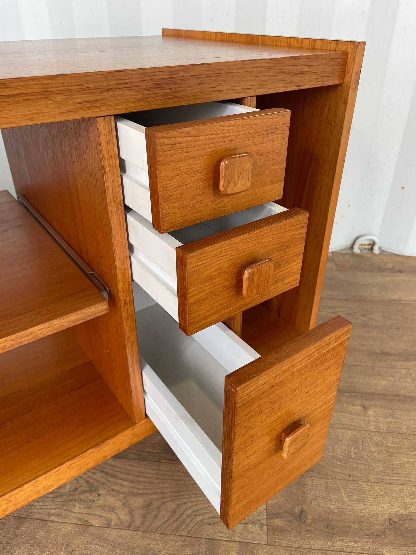TV Cabinet / Media Unit Danish Style Vintage Teak Mid-Century on Castors – Shelving, Drawers & Pull Out Storage