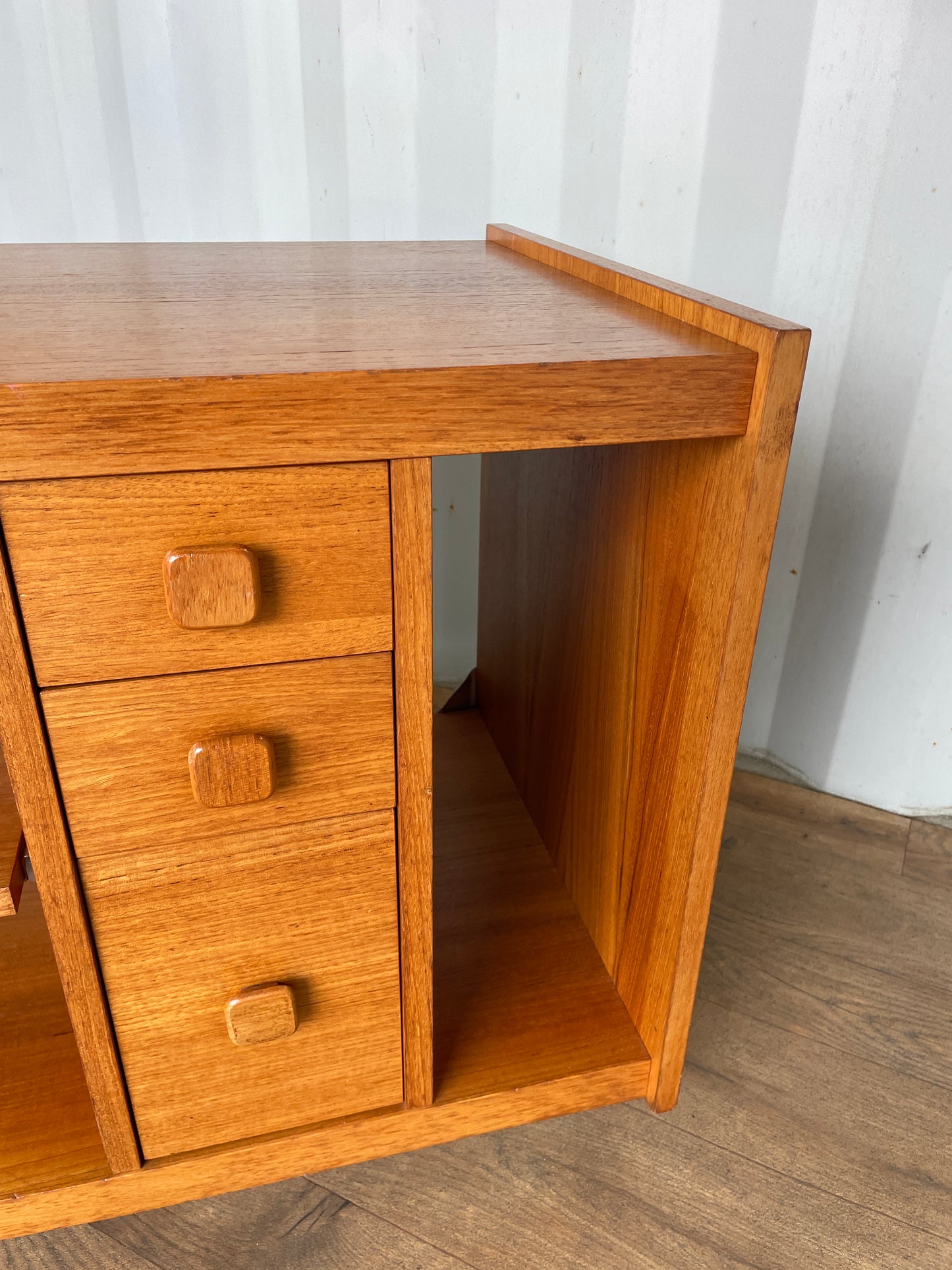 TV Cabinet / Media Unit Danish Style Vintage Teak Mid-Century on Castors – Shelving, Drawers & Pull Out Storage